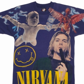 VINTAGE BOOTLEG ALL OVER PRINT NIRVANA KURT COBAIN 1994 TEE SHIRT LARGE MADE USA Smart Layer Fit Flex