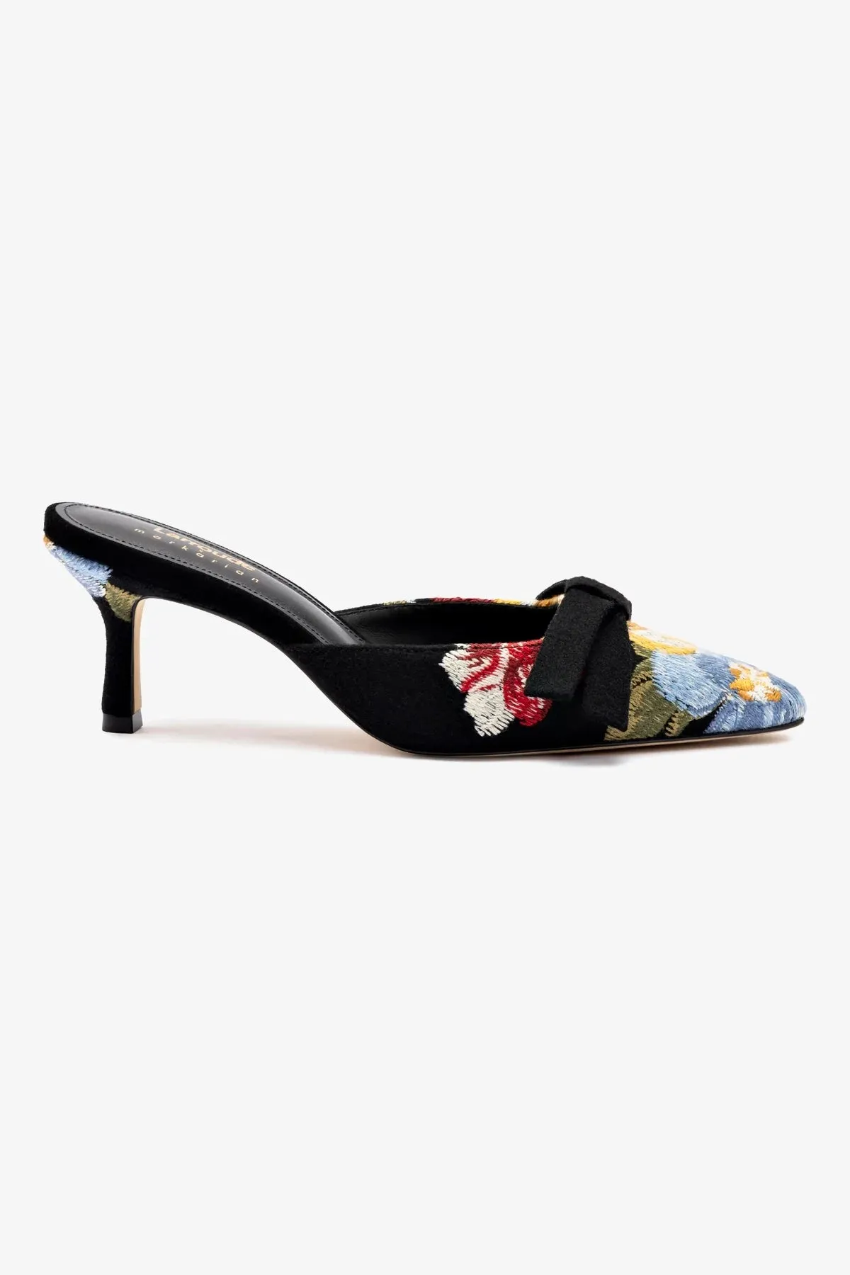 Larroud?? x Markarian Mule In Black Wool and Floral Embroidery Gentle Step Wear Balanced Step Feel