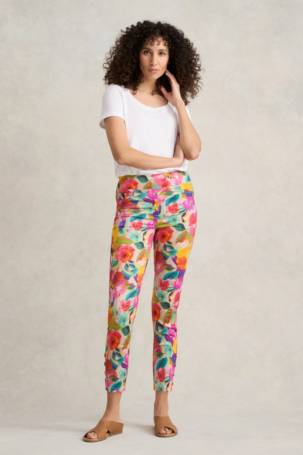 Bengajean? 7/8th Button Detail - Multi Roses Print Easy Movement Breath Flex