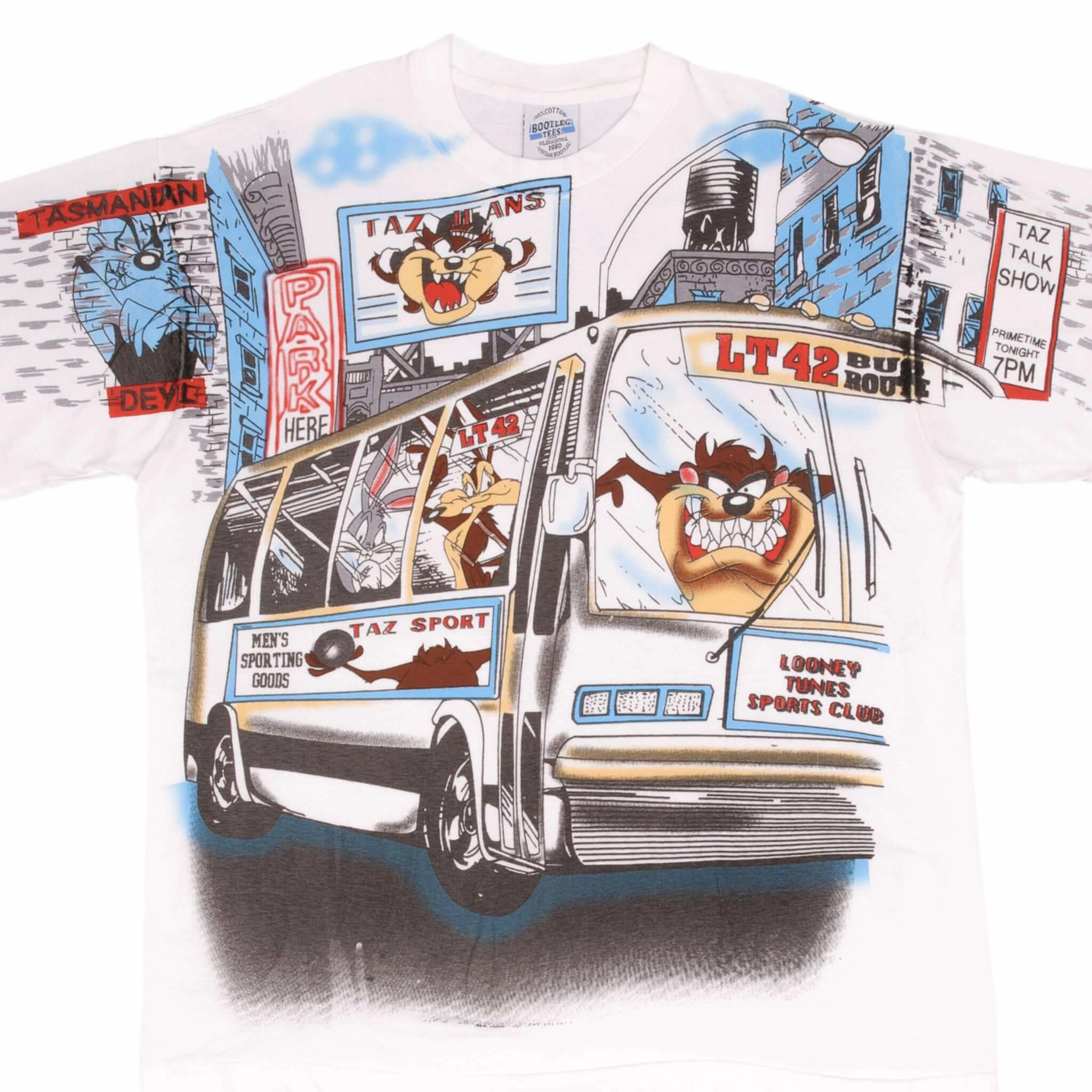 BOOTLEG ALL OVER PRINT LOONEY TUNES TAZ ON THE MOVE TEE SHIRT XL SINGLE STITCH Seasonal Staple Seasonal Casual