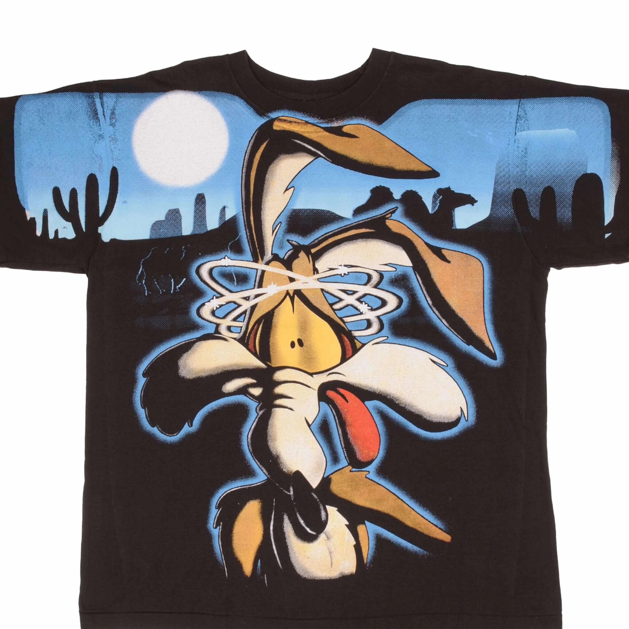 BOOTLEG ALL OVER PRINT LOONEY TUNES WILE E COYOTE TEE SHIRT SZE XL SINGLE STITCH Active Trend
