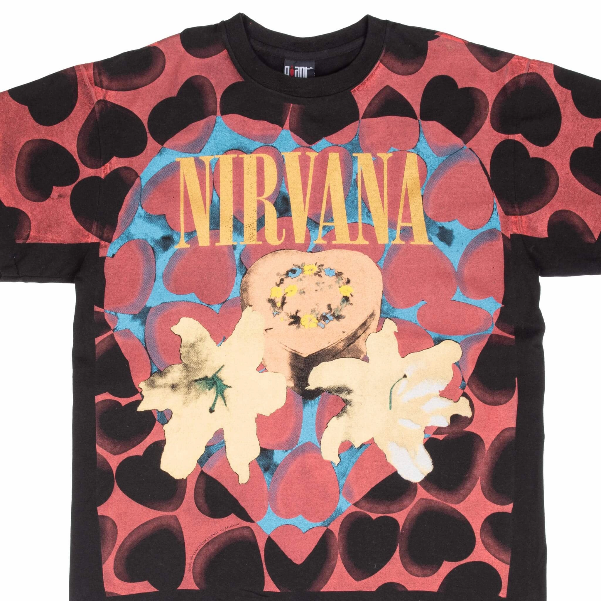 Comfy Casual Wear BOOTLEG ALL OVER PRINT NIRVANA HEART BOX 1993 TEE SHIRT LARGE MADE IN USA