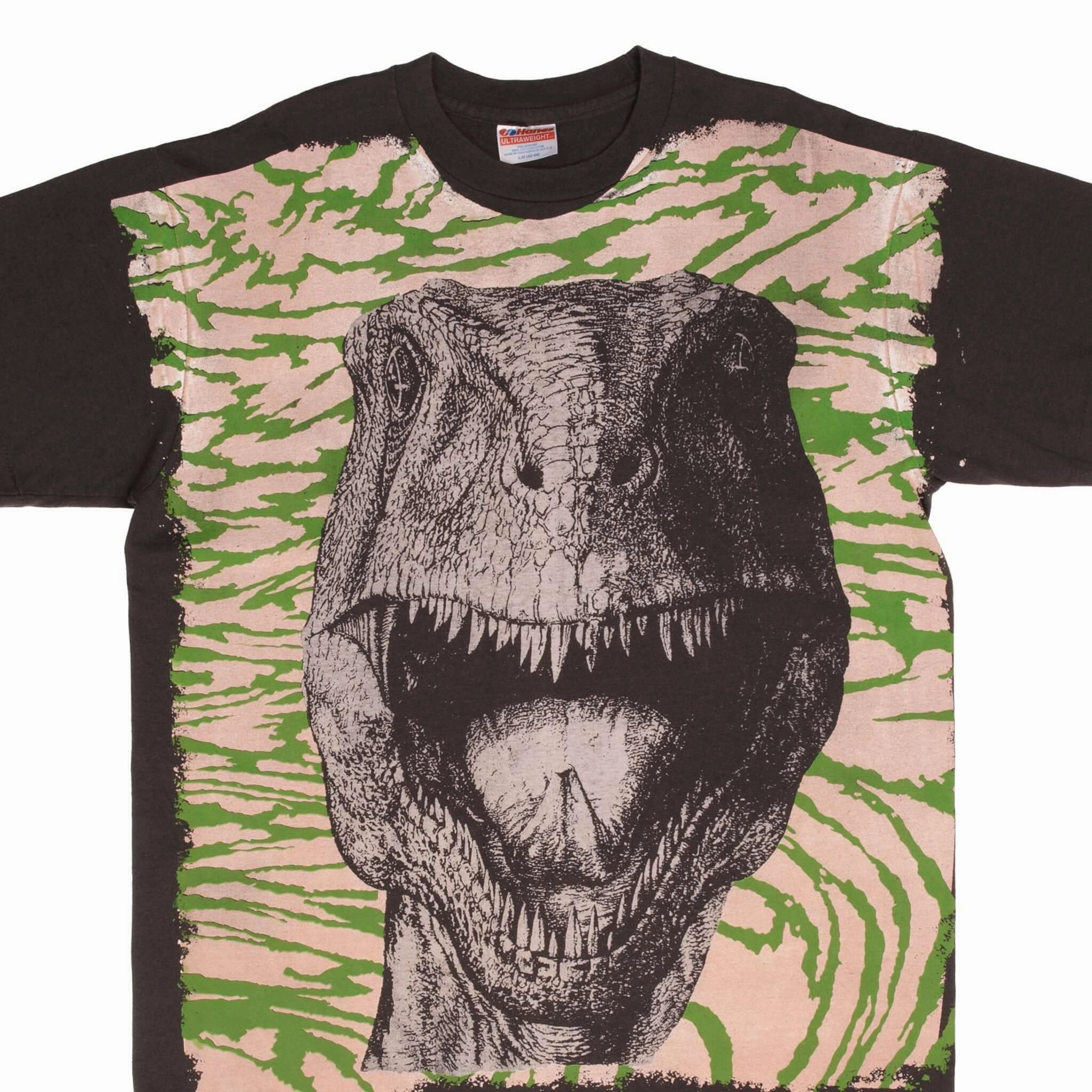 BOOTLEG JURASSIC PARK T-REX MOSQUITOHEAD ALL OVER PRINT TEE SHIRT LARGE MADE USA Comfy Casual Wear