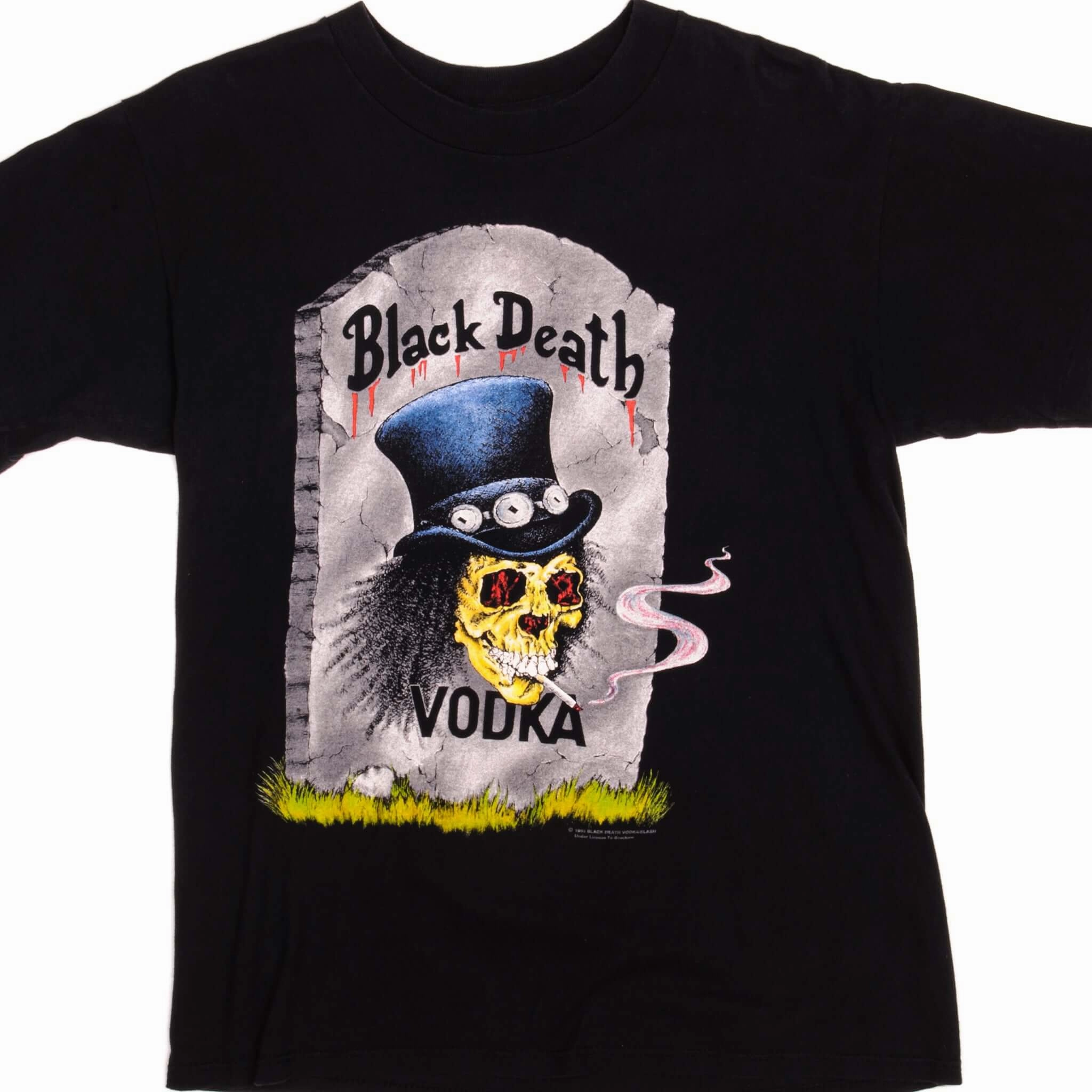 VINTAGE BLACK DEATH VODKA GUN N ROSES TEE SHIRT 1992 SIZE MEDIUM MADE IN USA ReinforcedNeckline
