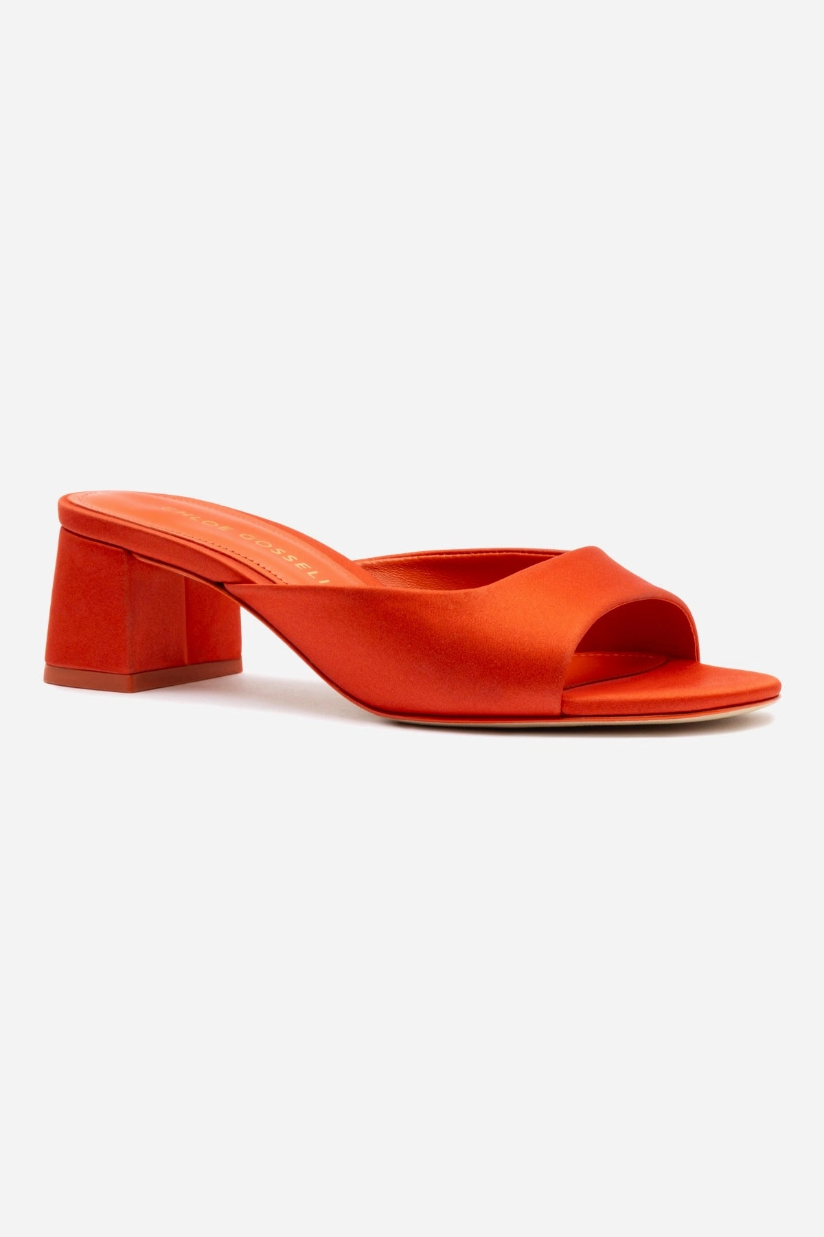 Effortless Comfort Fashion Fit Chloe Gosselin by Larroud?? Anah Mule In Orange Sunrise Satin