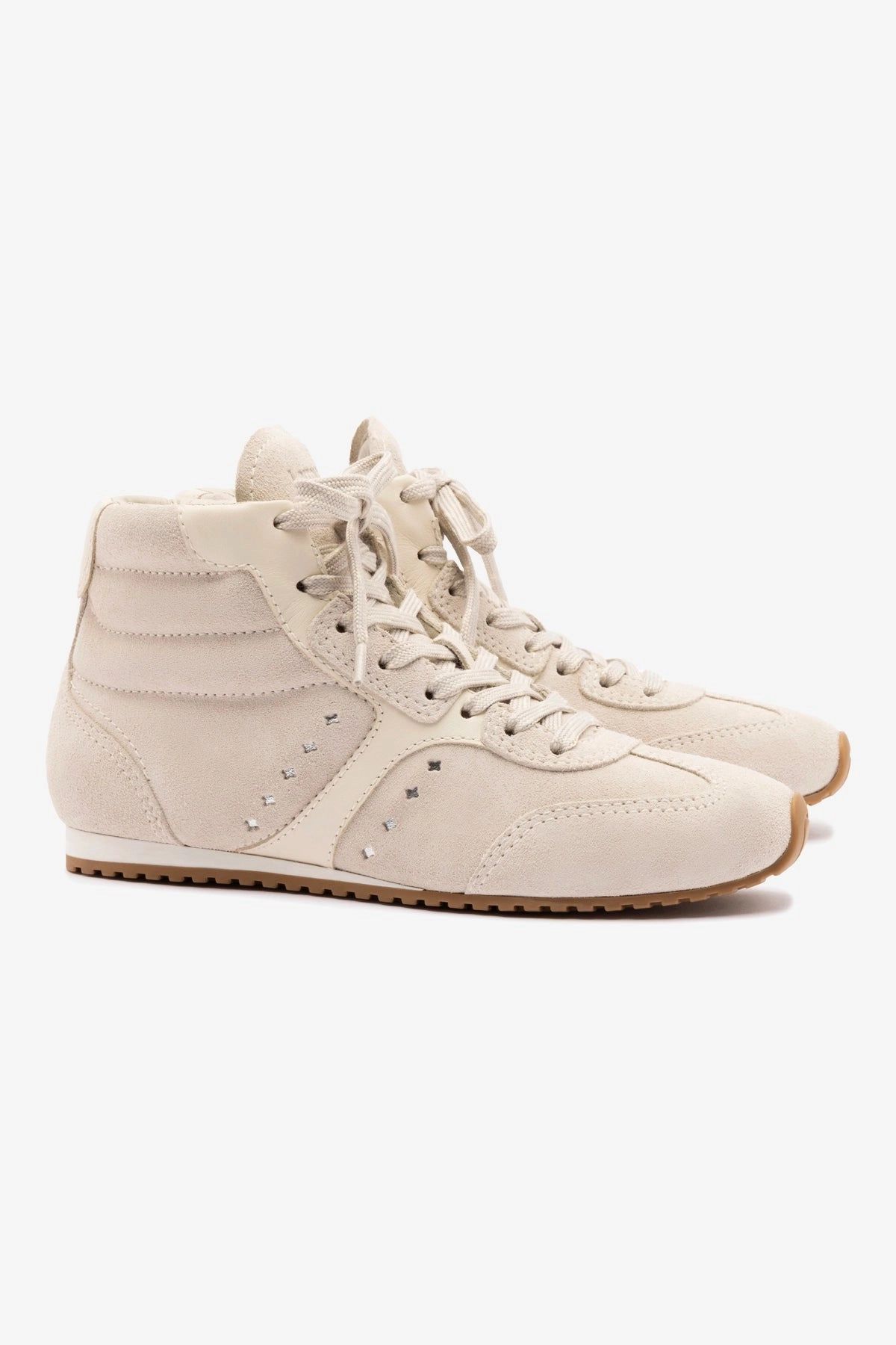 Patent Shine Stella Mid Sneaker In Mushroom Grey Suede and Ivory Leather