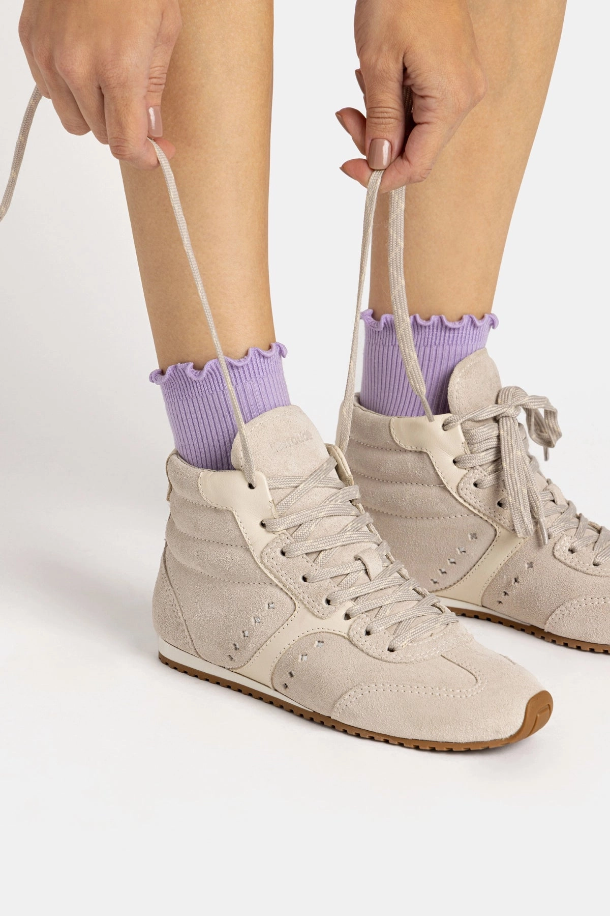 Stella Mid Sneaker In Mushroom Grey Suede and Ivory Leather Ship Glow Party Step