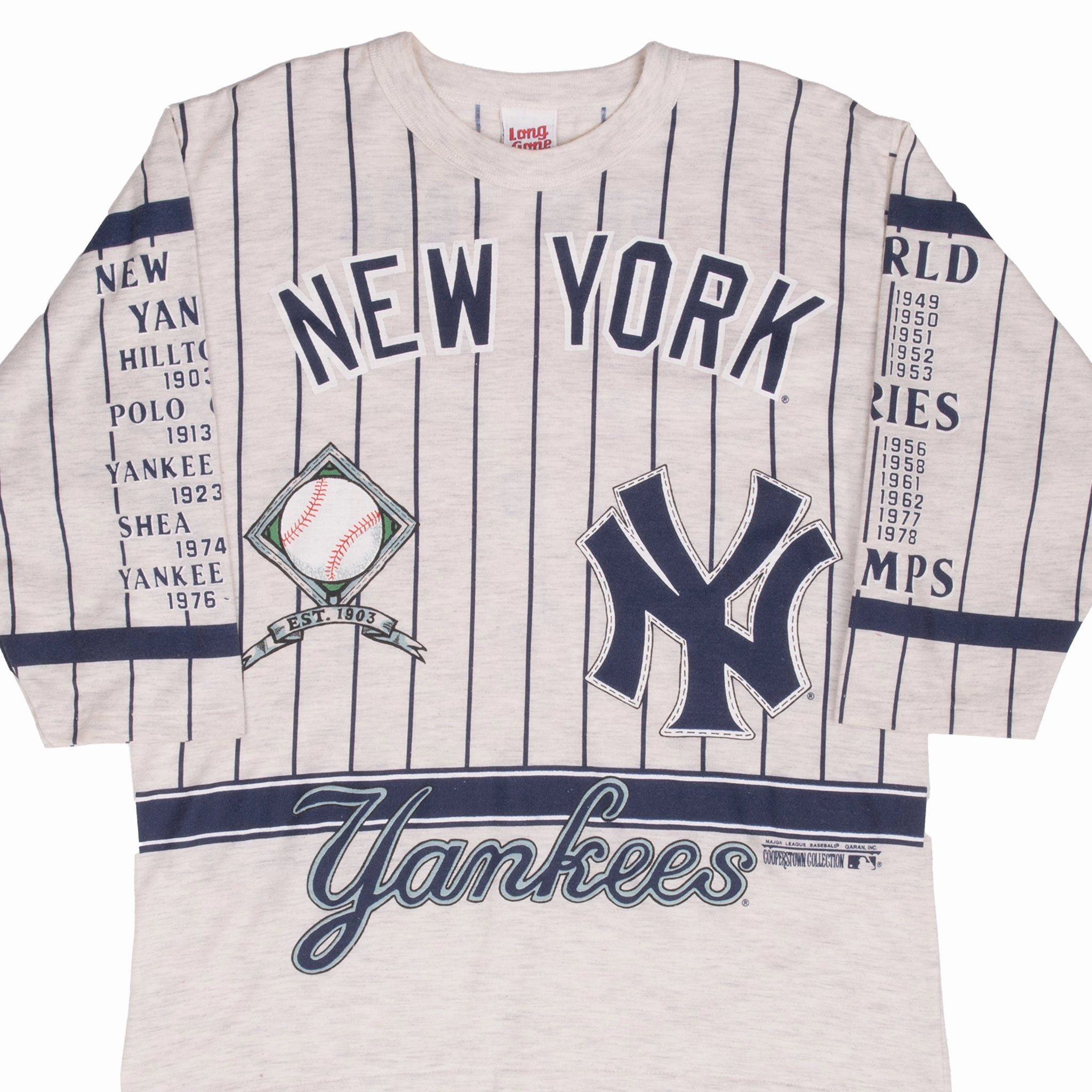 VINTAGE MLB NEW YORK YANKEES ALL OVER PRINT TEE SHIRT 1980S LARGE MADE IN USA Chic Fashion