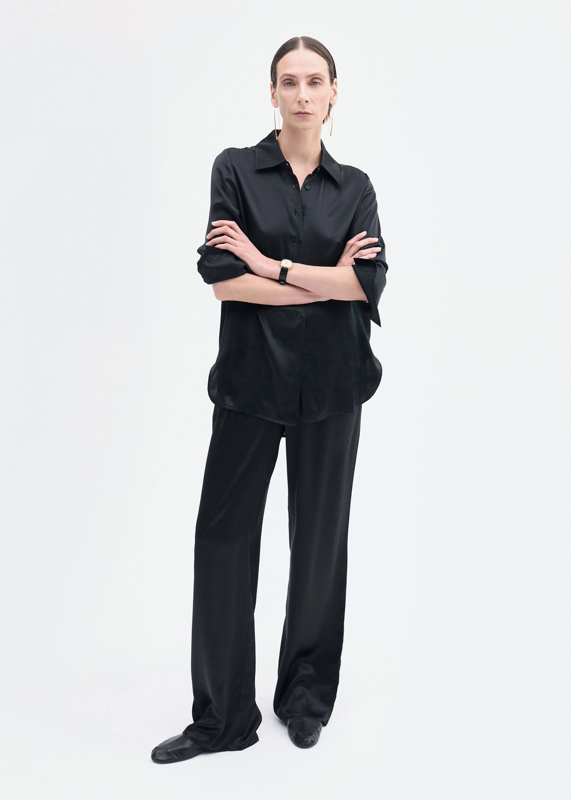 Moisture Wicking Layer Button Down Shirt in Silk  - Black