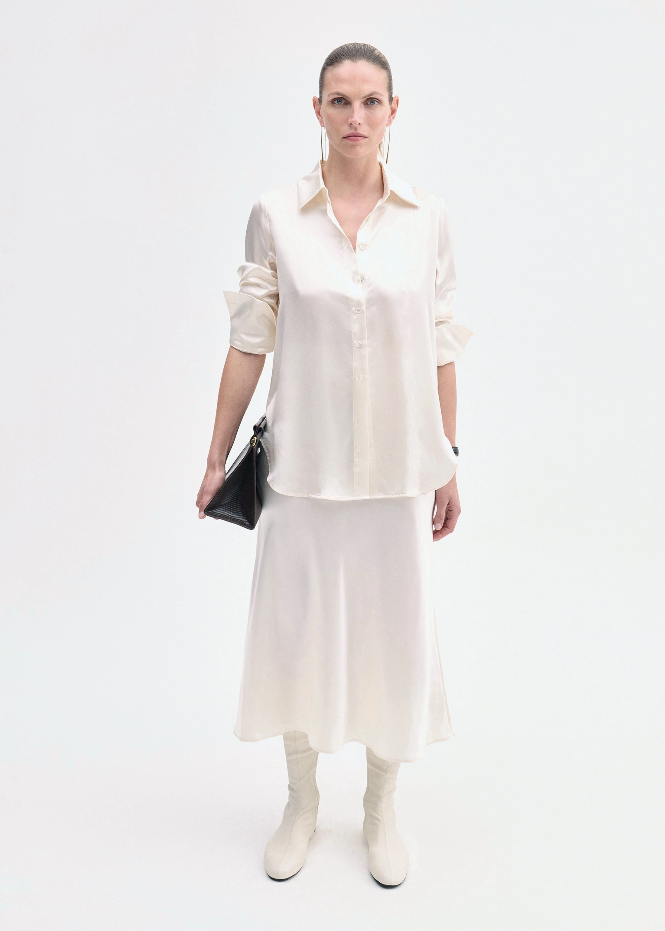 Matte Finish Button Down Shirt in Silk - Ivory