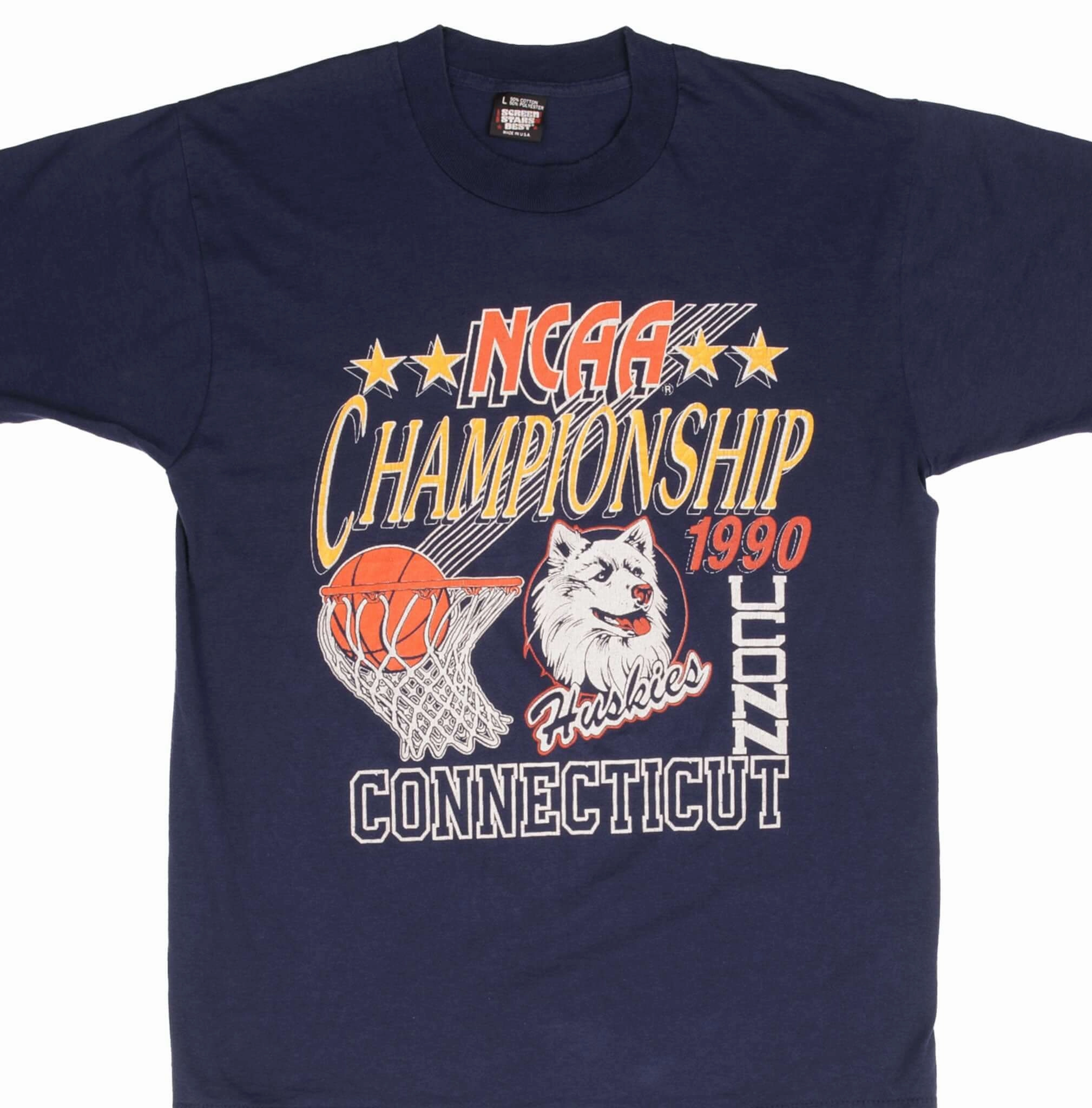 VINTAGE NCAA UCONN HUSKIES BASKETBALL 1990 TEE SHIRT SIZE MEDIUM MADE IN USA Comfy Look