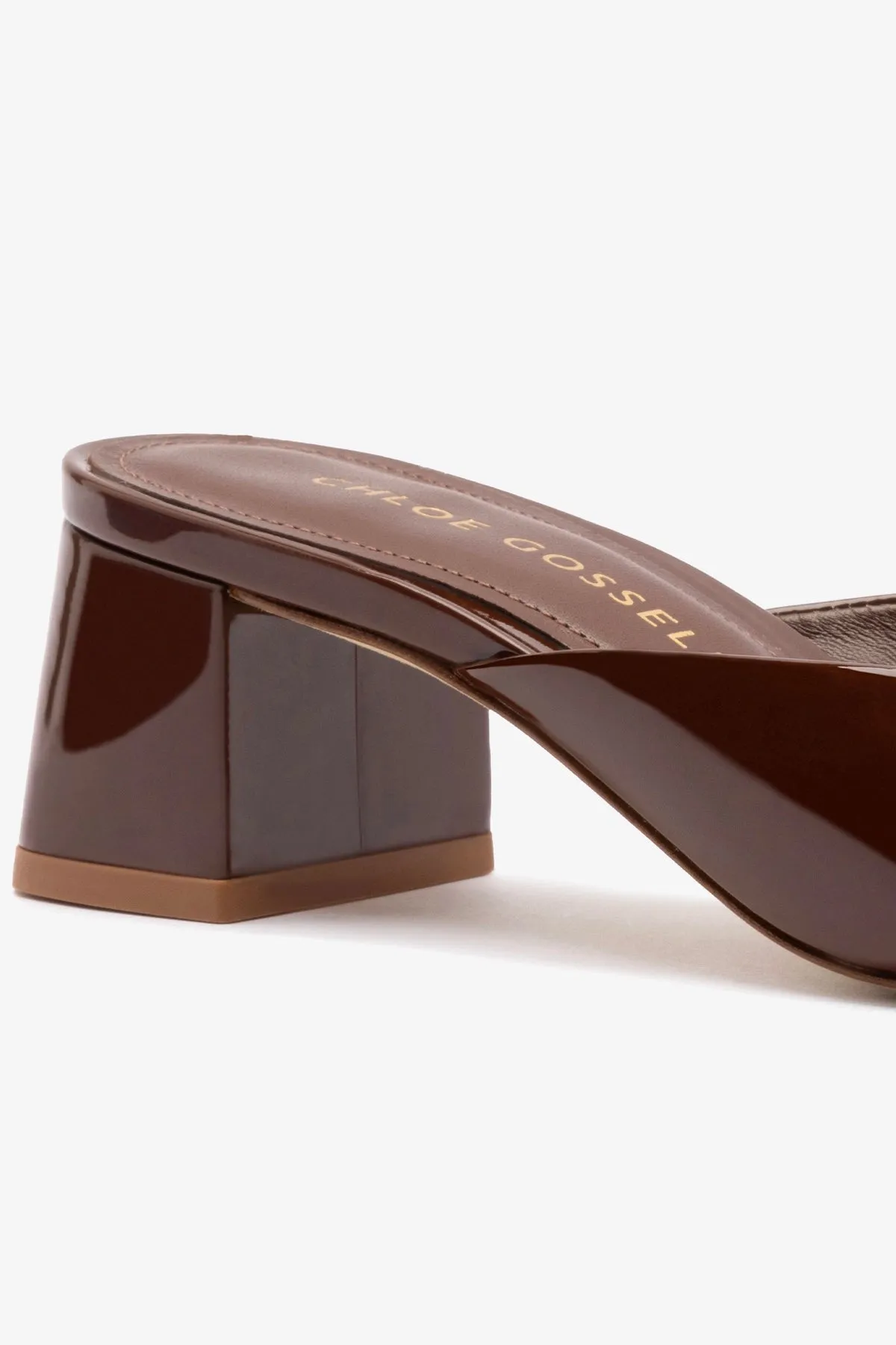 Chloe Gosselin by Larroud?? Anah Mule In Brown Patent Leather Seamless Interior Day To Night