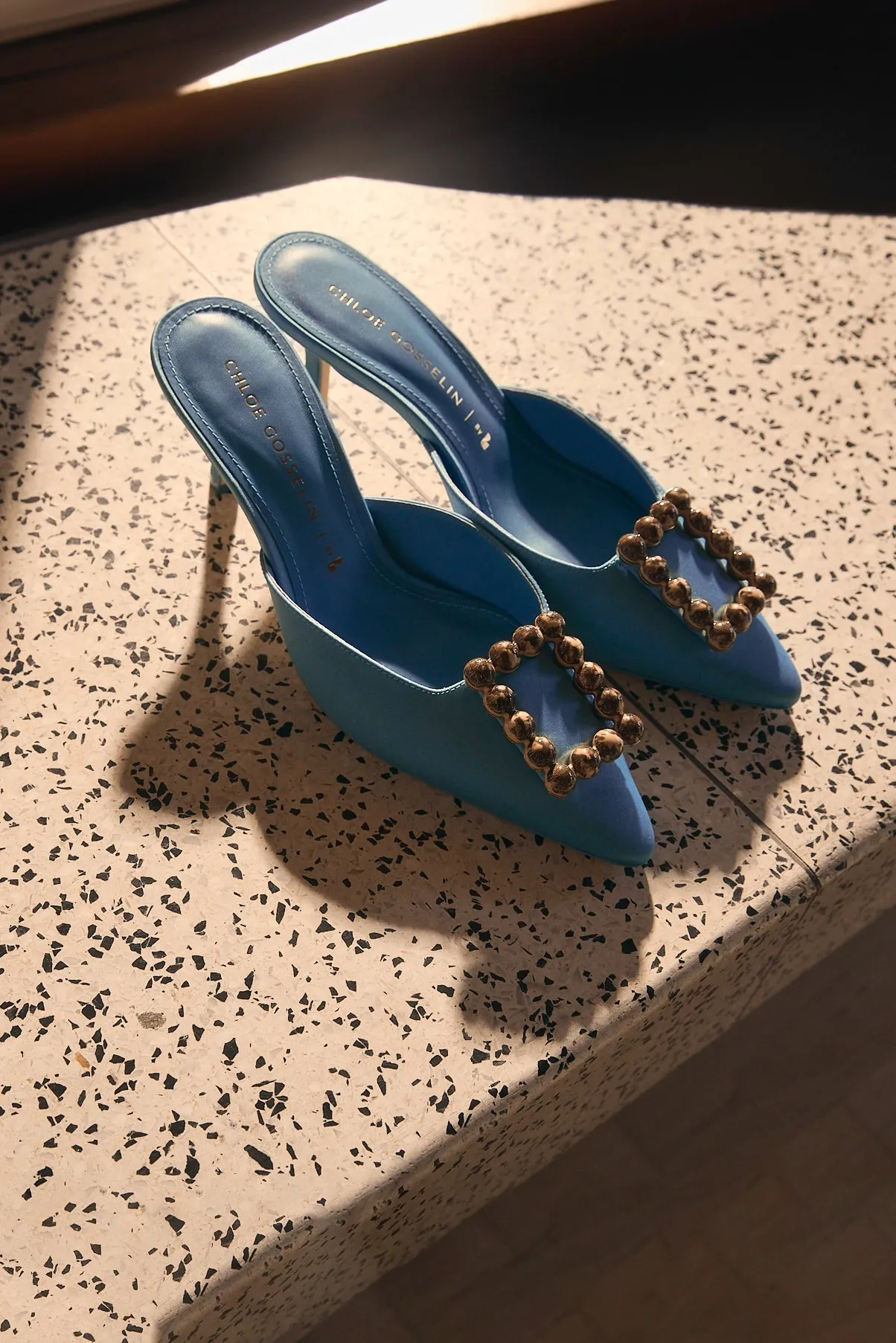 Chloe Gosselin by Larroud?? Ava Mule In Blue Satin Break Time Wear