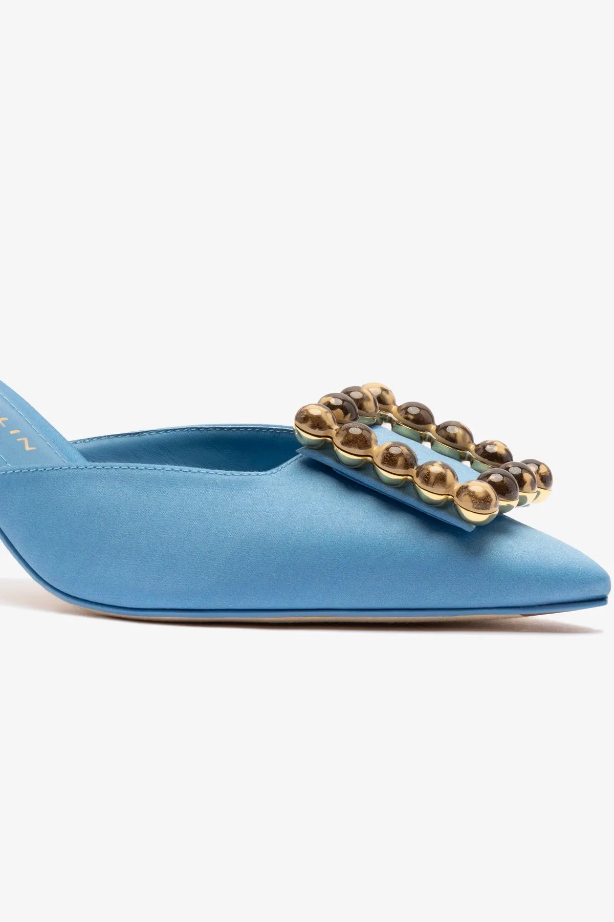 Slip Resistant Abrasion Proof Heel Chloe Gosselin by Larroud?? Ava Mule In Blue Satin