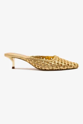 Slip On Convenience Shock Diffusion Layer Amal Macrame Mule In Gold Metallic Leather