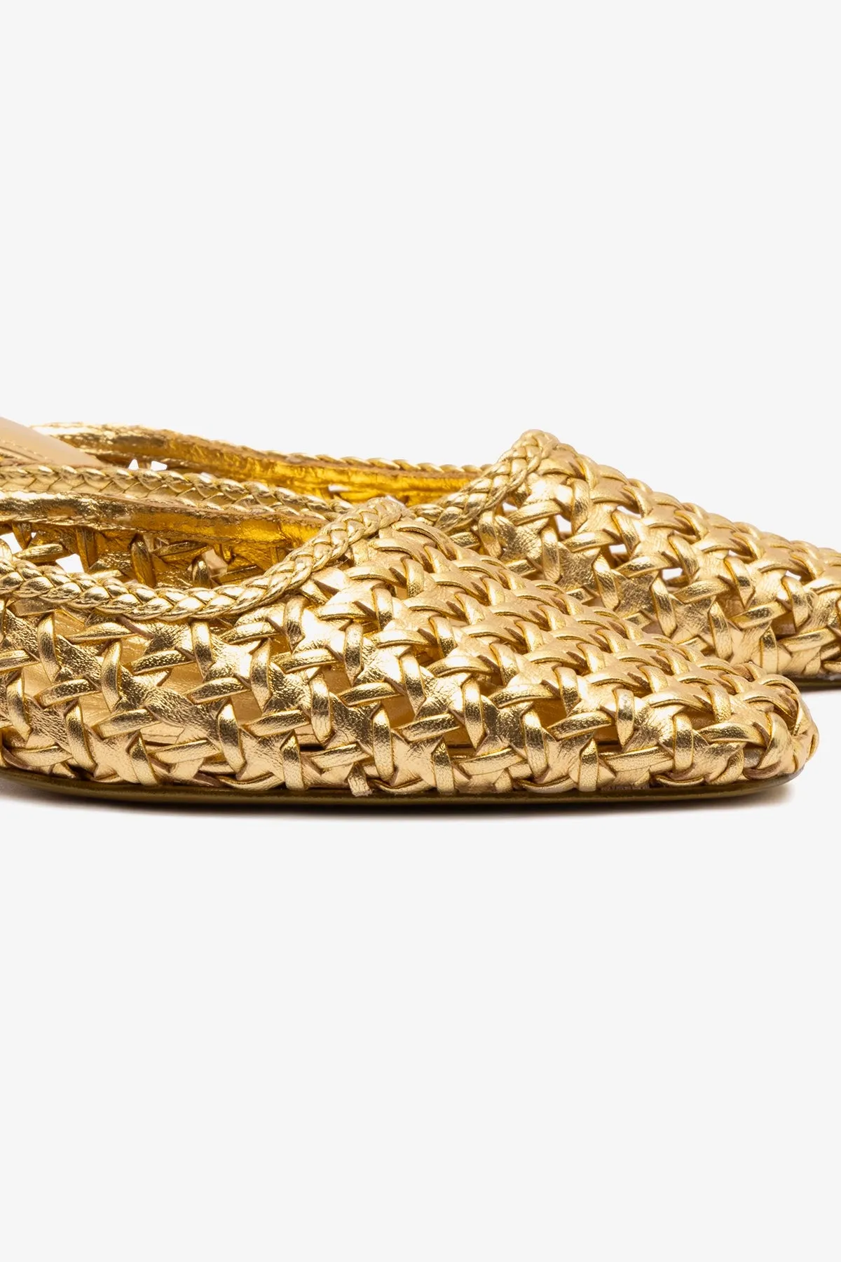 Amal Macrame Mule In Gold Metallic Leather clean design Elastic Band