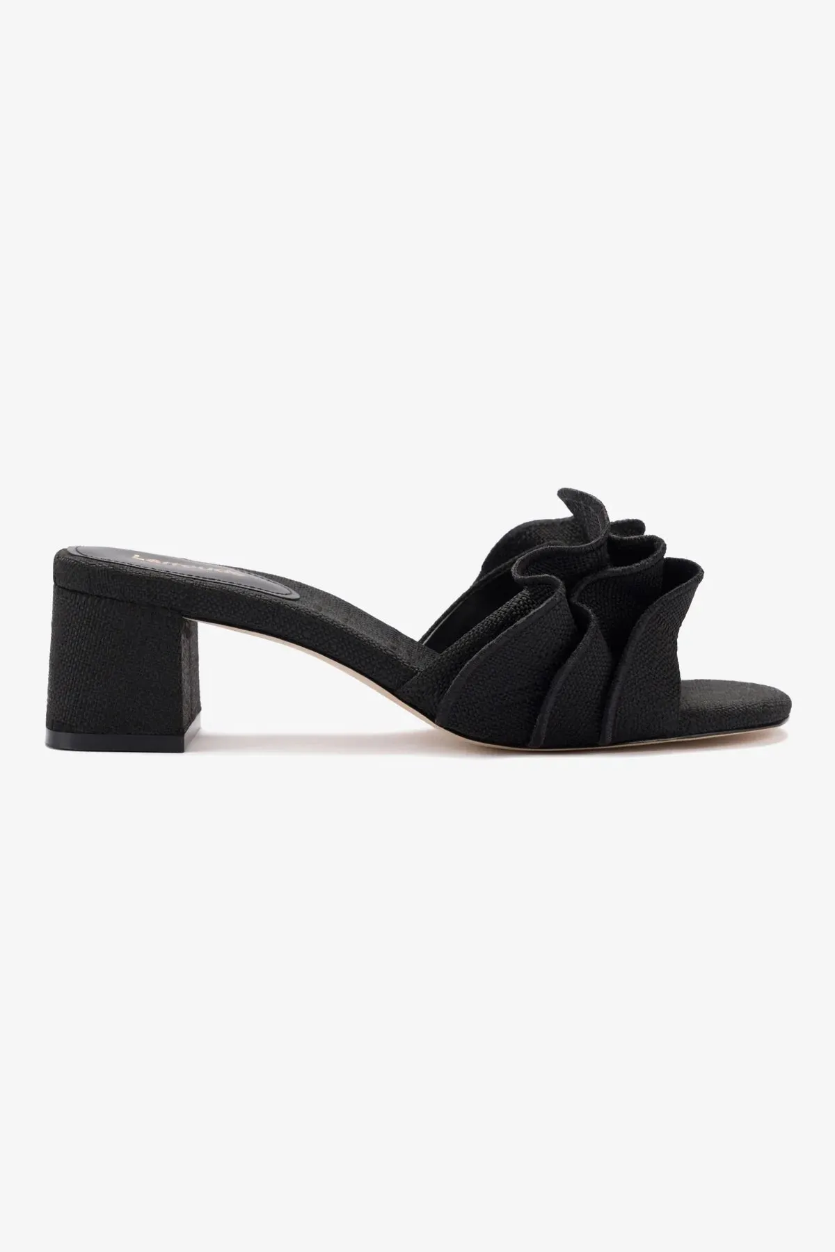 Brigitte Ruffle Mule In Black Raffia Subtle Look