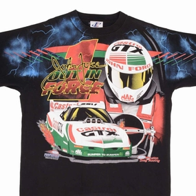 Comfort Stretch Fit Quick Dry Wear VINTAGE ALL OVER PRINT RACING NHRA JOHN FORCE 1990S TEE SHIRT LARGE MADE IN USA