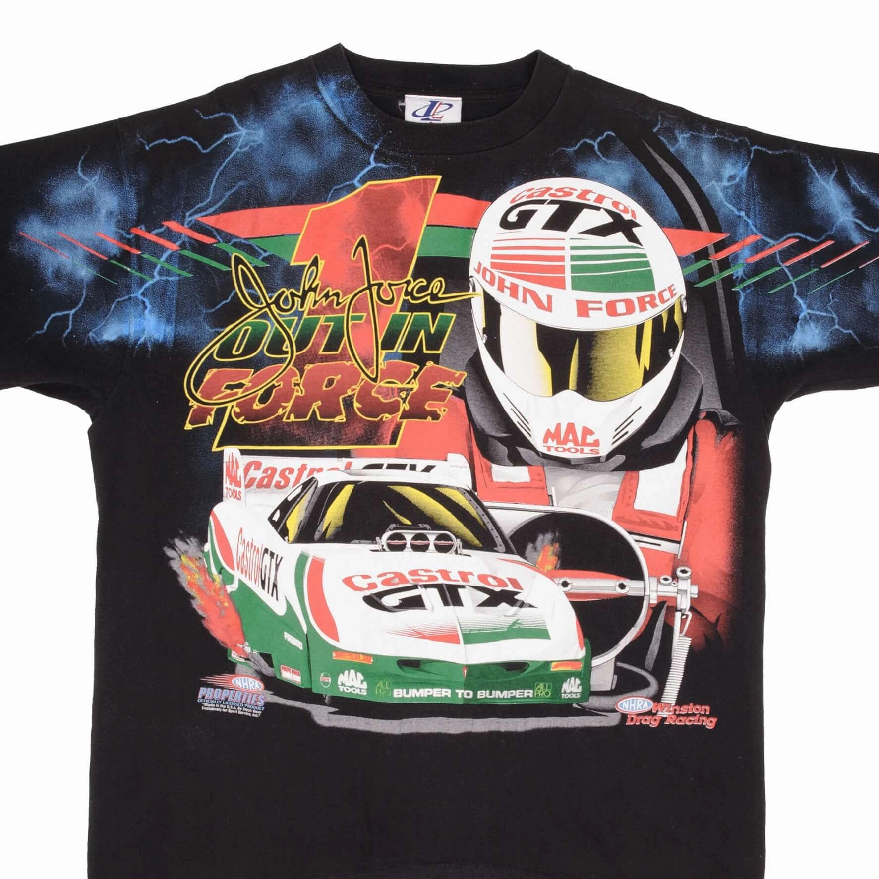 Comfort Stretch Fit Quick Dry Wear VINTAGE ALL OVER PRINT RACING NHRA JOHN FORCE 1990S TEE SHIRT LARGE MADE IN USA
