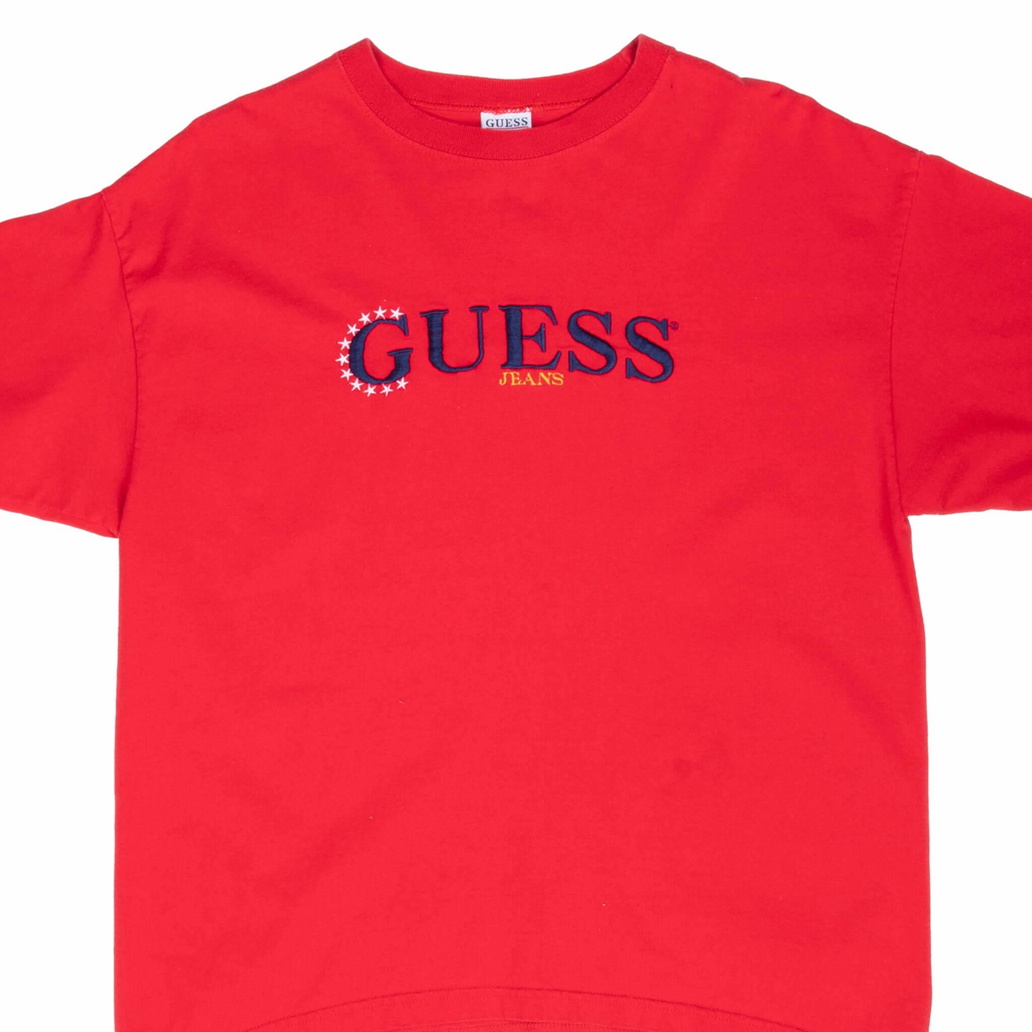 Embroidered VINTAGE GUESS JEANS EMBROIDERED RED TEE SHIRT 1990S LARGE MADE IN USA