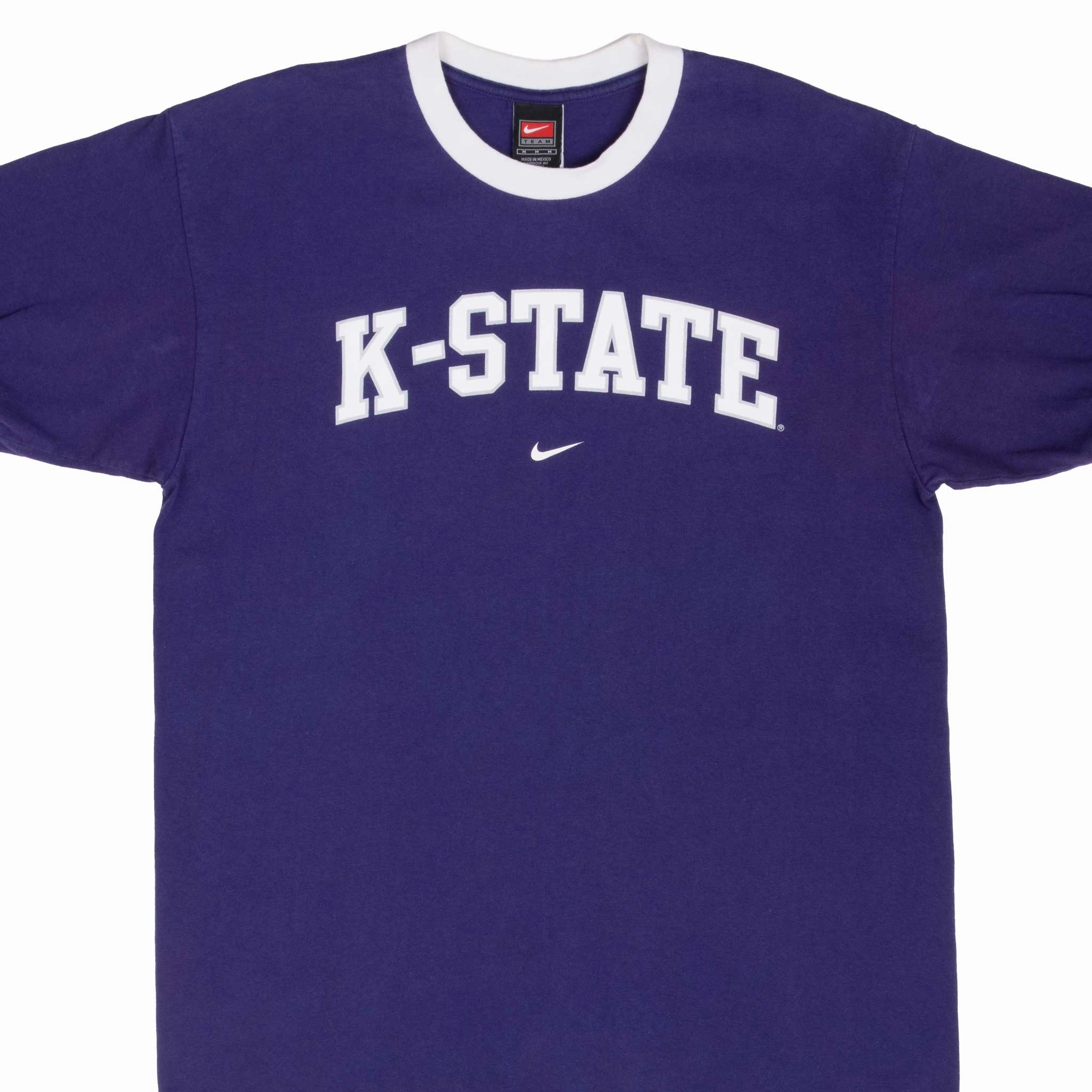 Relaxed Fit V neck style VINTAGE NIKE NCAA KANSAS STATE RINGER PURPLE TEE SHIRT 1990S MEDIUM