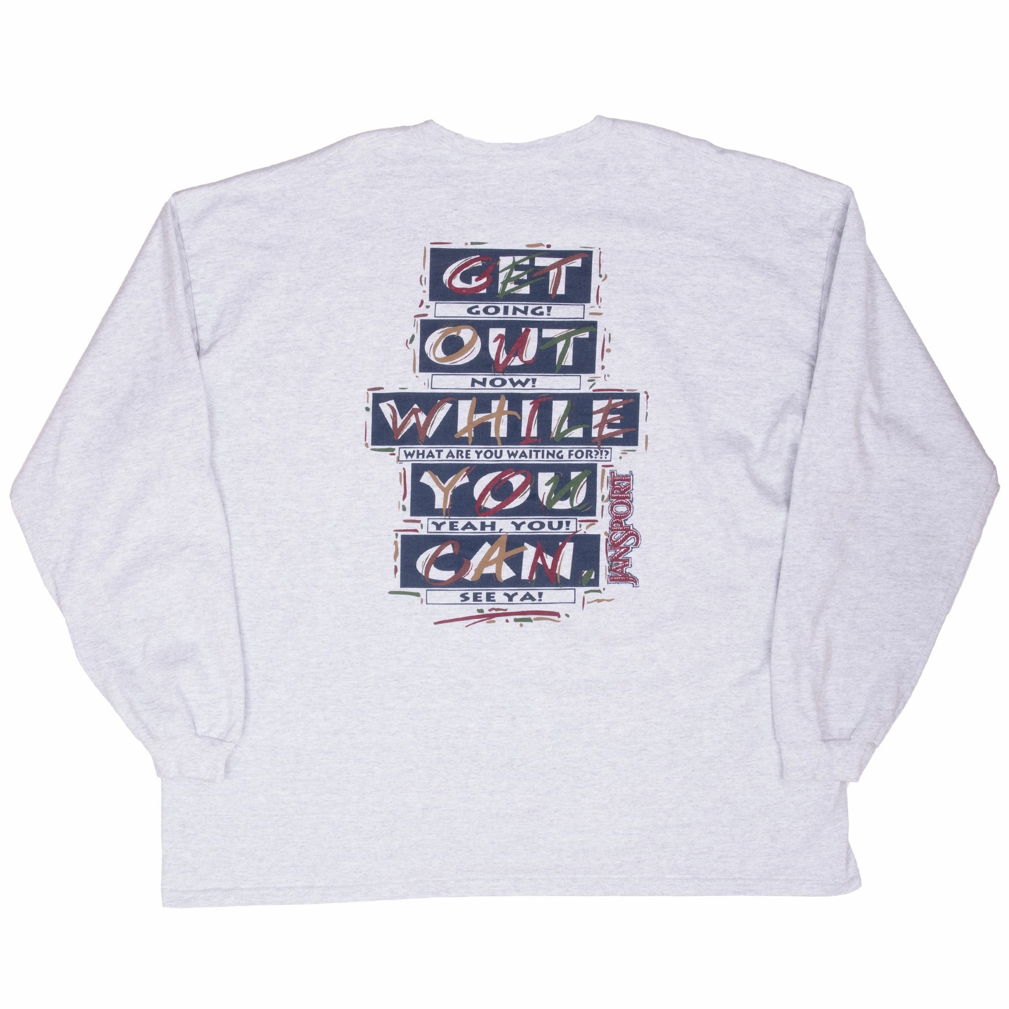 VINTAGE JANSPORT GET GOING GREY LONG SLEEVE TEE SHIRT 1990S 2XL MADE IN USA Cozy Layers