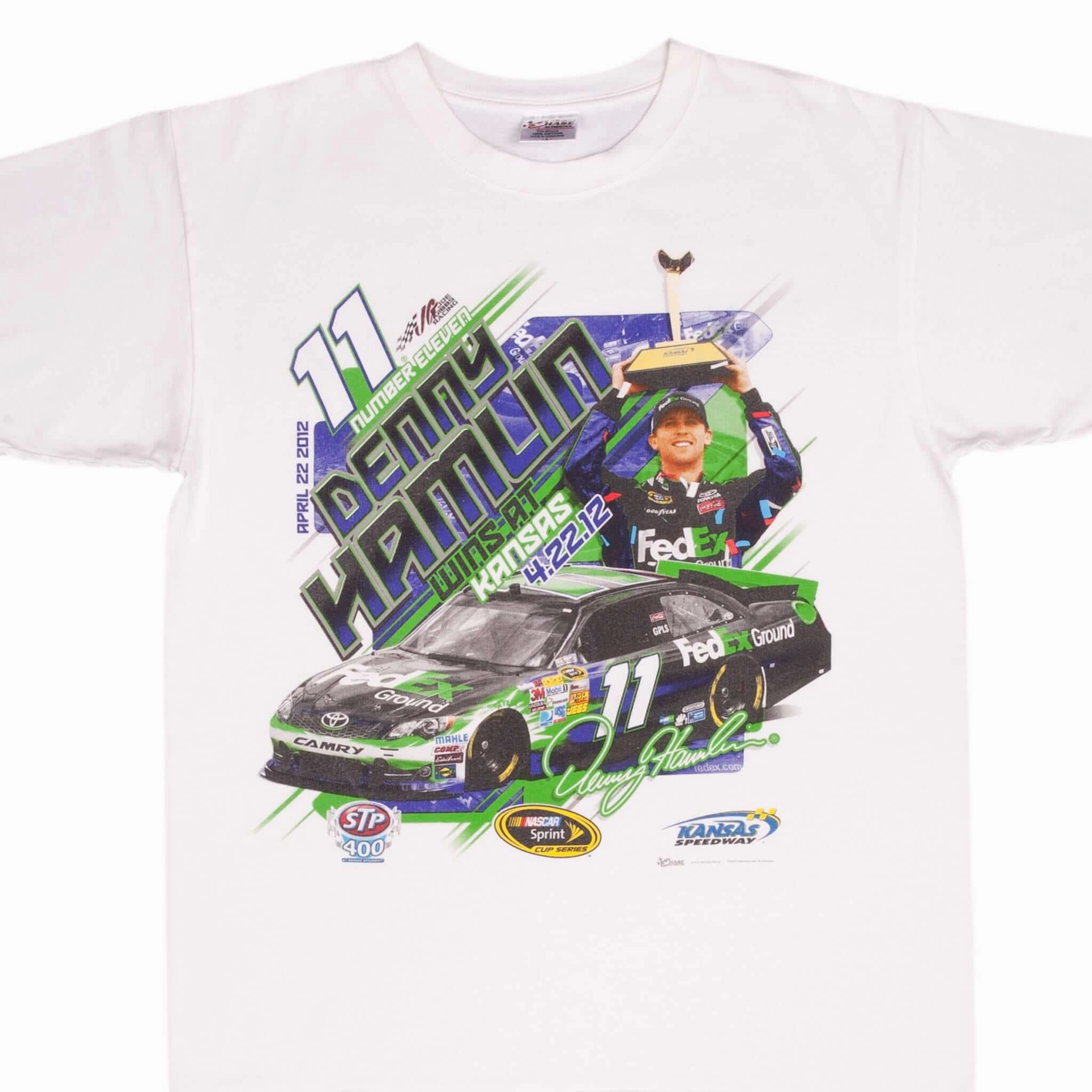 VINTAGE NASCAR DENNY HAMLIN WINS AT KANSAS 2012 TEE SHIRT SIZE LARGE Cozy Flex