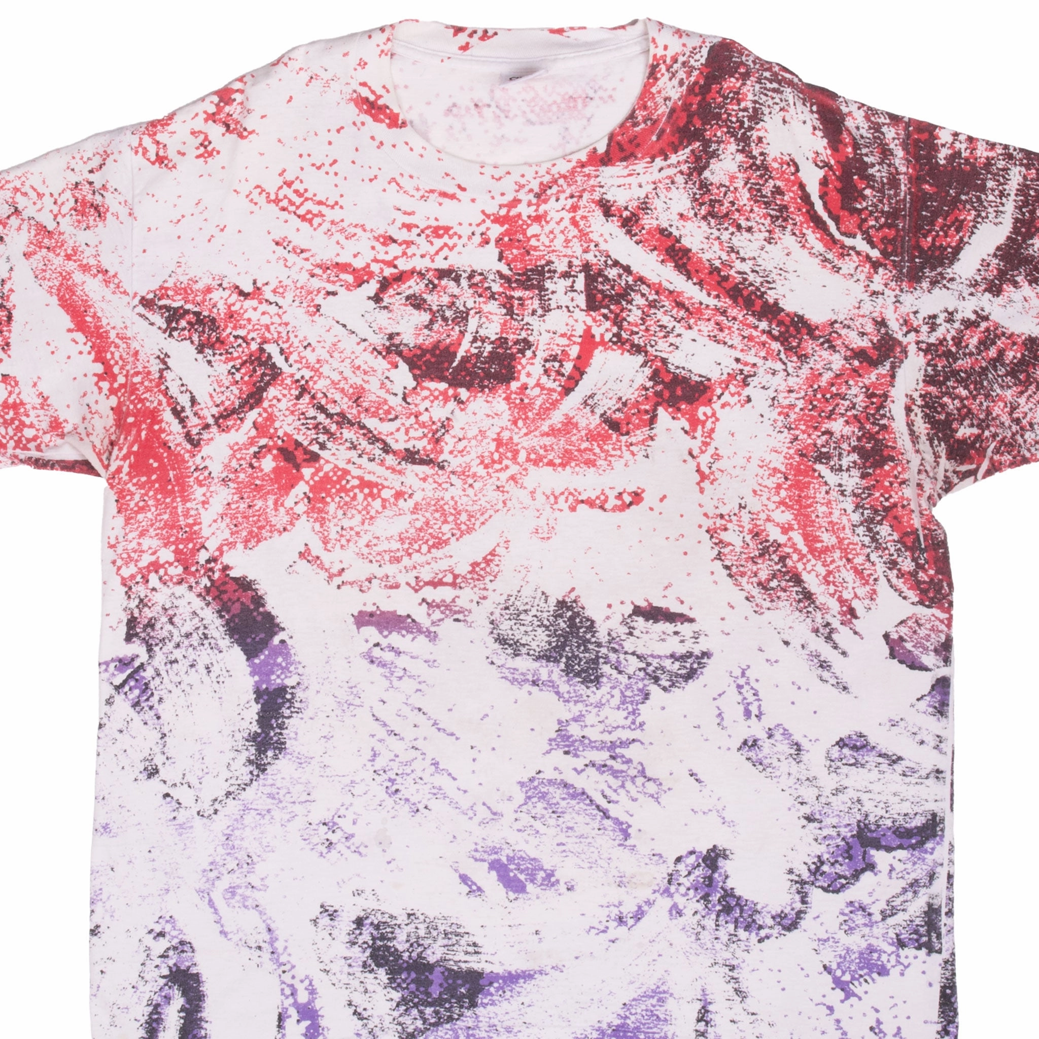 VINTAGE ALL OVER PRINT RED PURPLE WHITE TEE SHIRT XL MADE IN USA SINGLE STITCH 1990s Subtle Embroidery