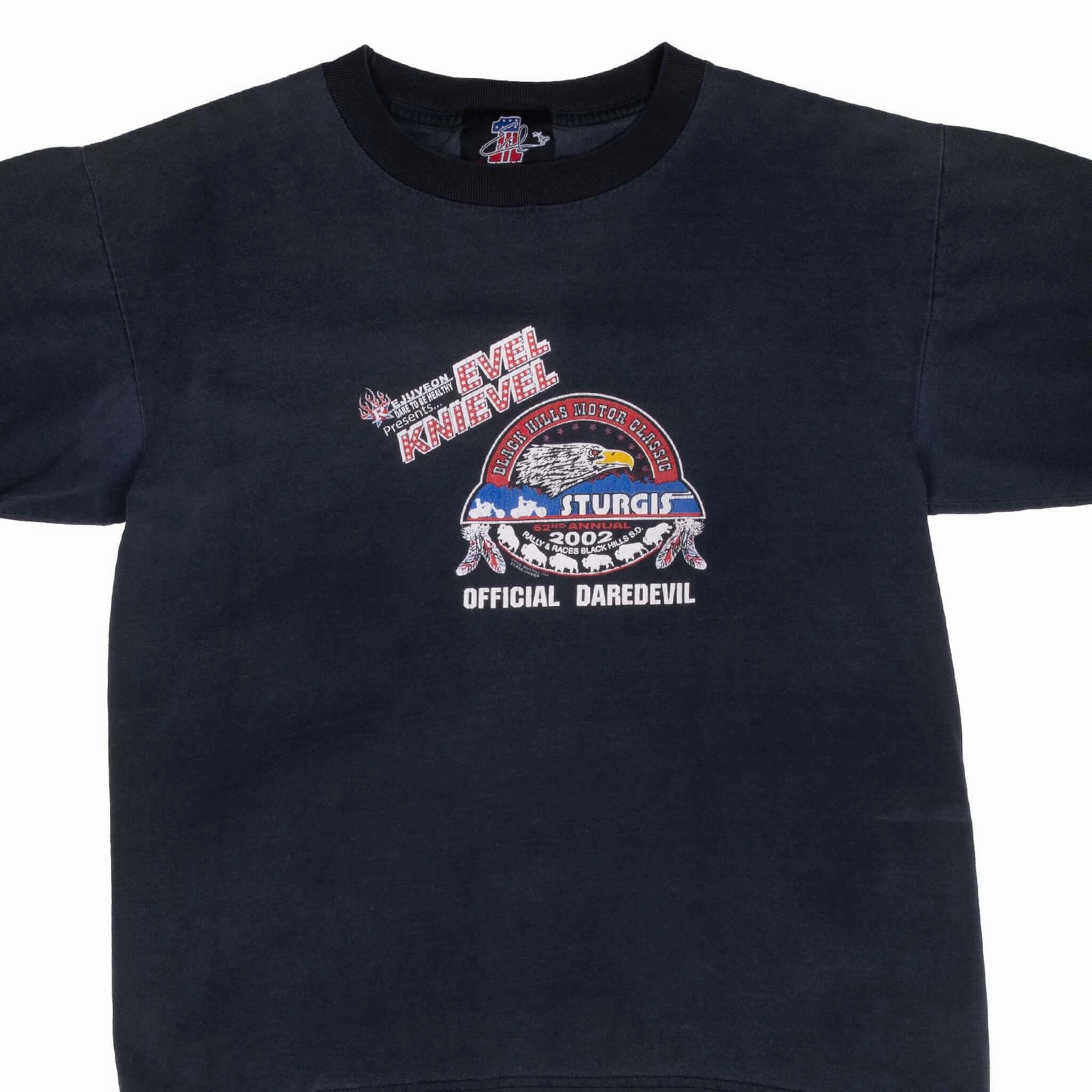Sporty Layers VINTAGE BIKER STURGIS RALLY EVEL KNIEVEL 2002 TEE SHIRT MEDIUM MADE IN USA