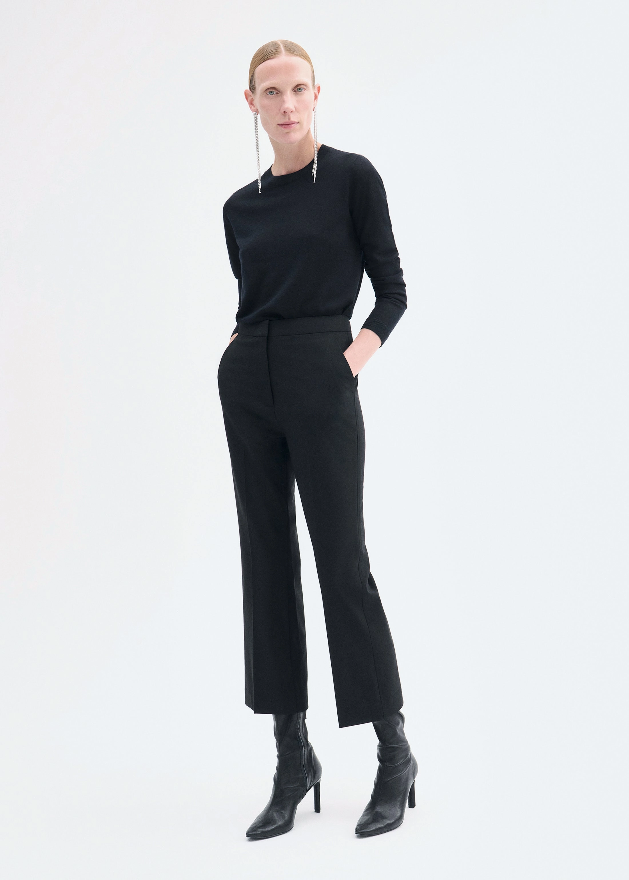 Timeless Comfort Contoured Panel Design Cropped Cigarette Trouser in Virgin Wool - Black
