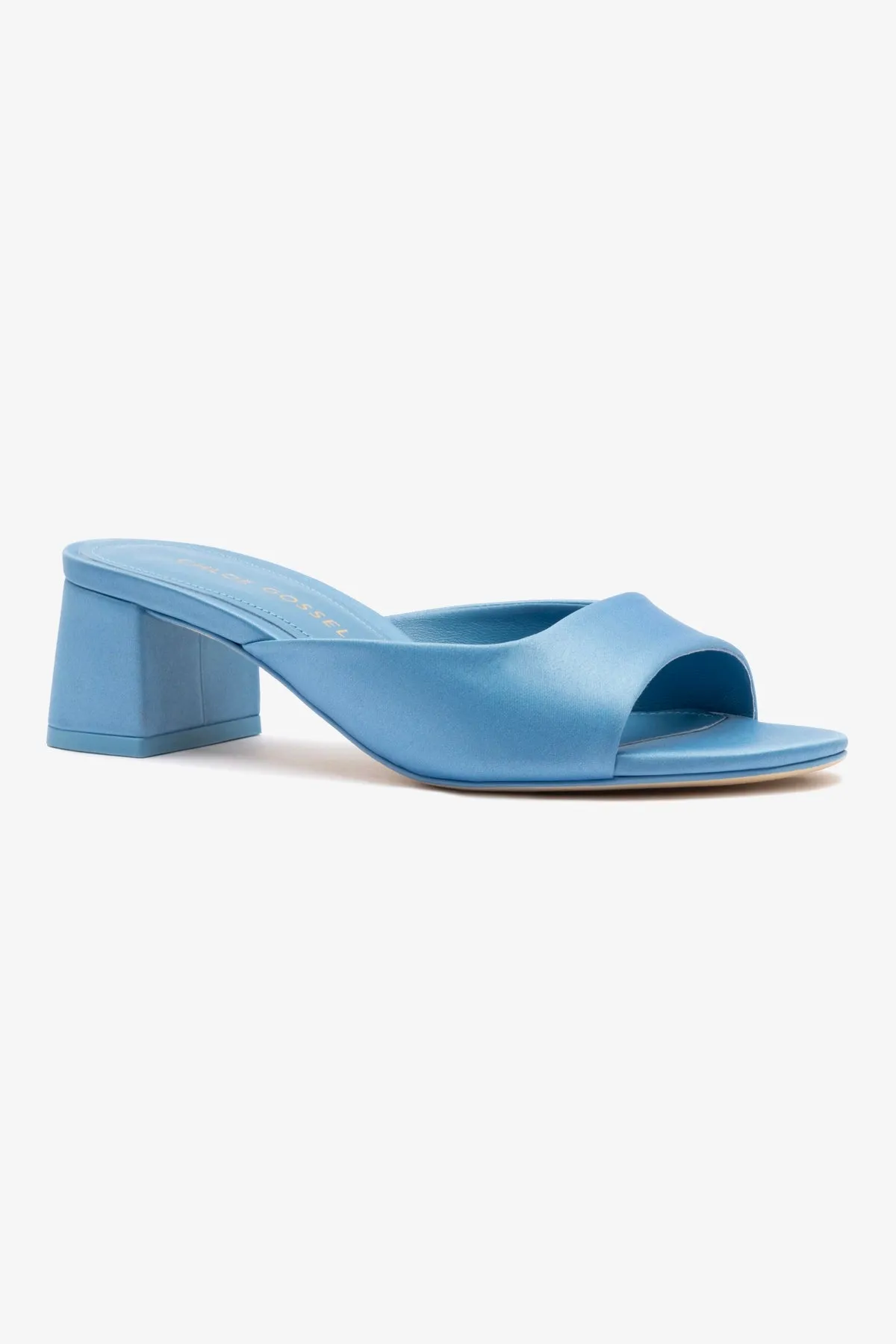 Chloe Gosselin by Larroud?? Anah Mule In Blue Satin Moisture Wicking Fabric