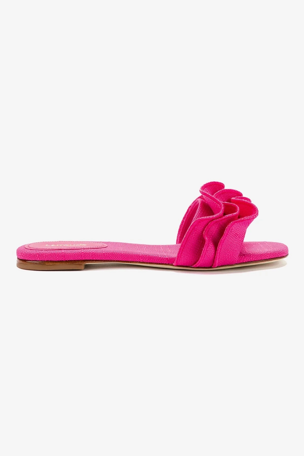 Ivy Ruffle Flat Mule In Pink Raffia hypoallergenic