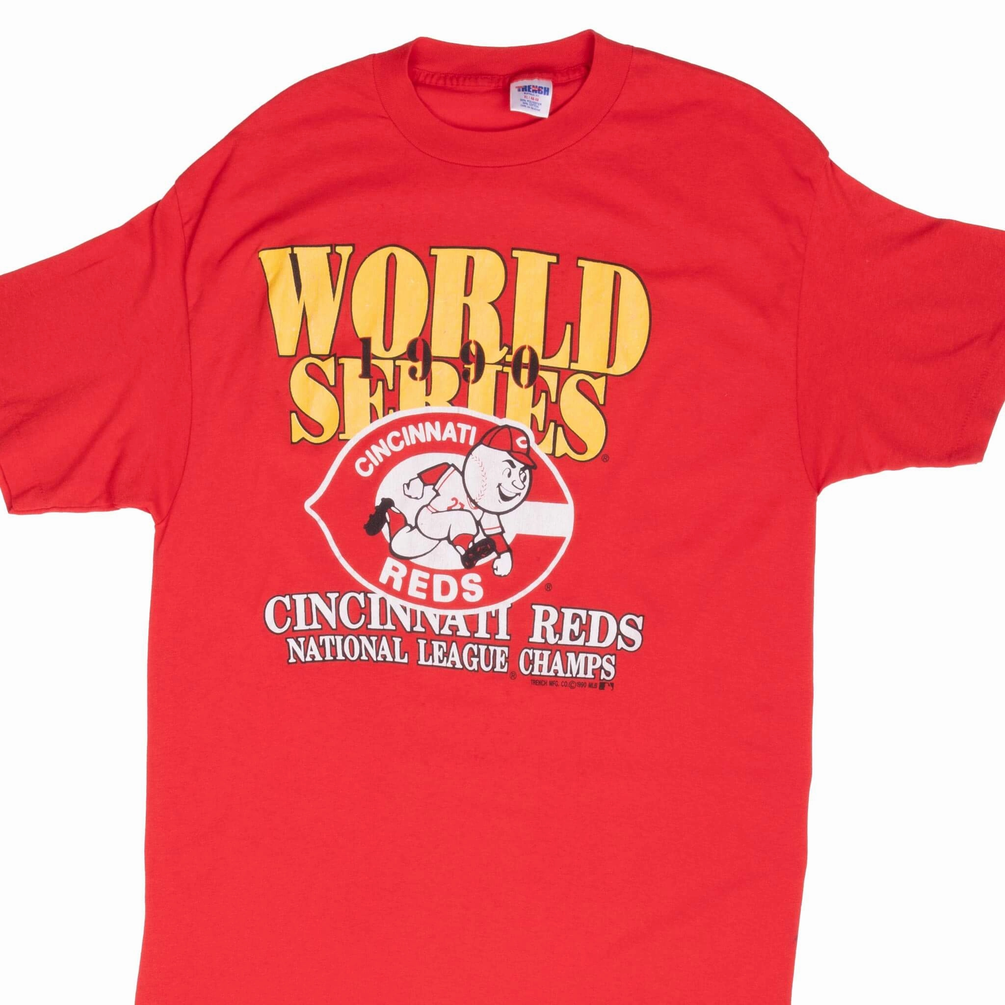 VINTAGE MLB CINCINNATI REDS WORLD CHAMPIONS TEE SHIRT 1990 MEDIUM MADE IN USA Easy-to-Match Ribbed Collar Trim