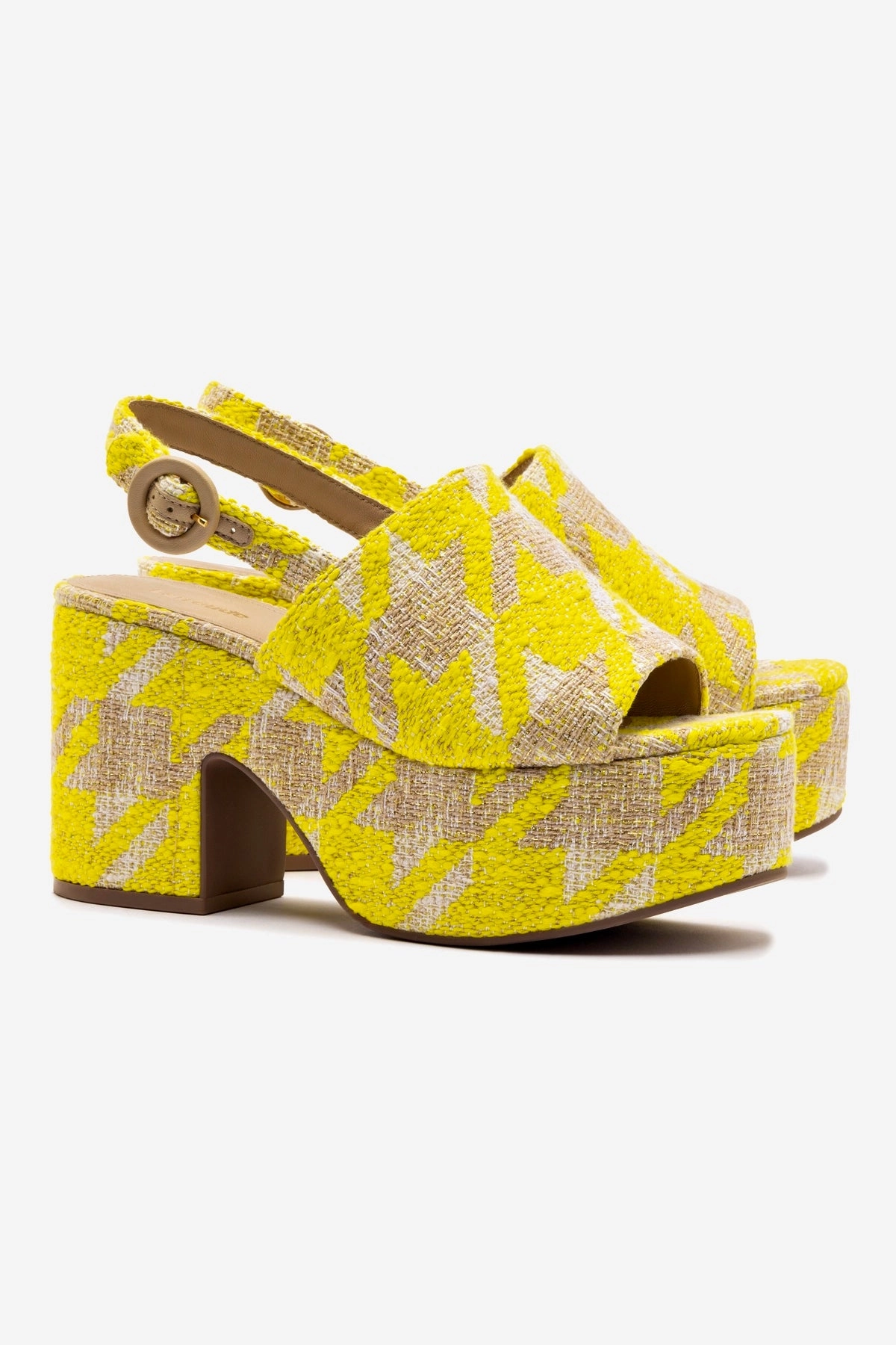 Versatile Comfort Miso Platform Sandal In Yellow Houndstooth Fabric