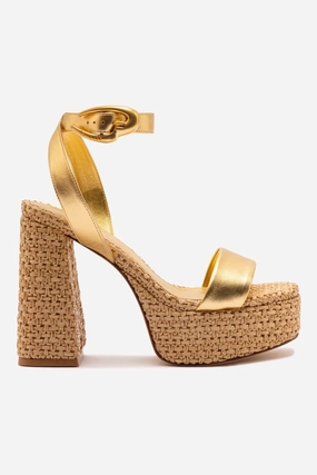 Comfortable Dress Shoes Dolly Verona Sandal In Gold Metallic Leather and Natural Raffia