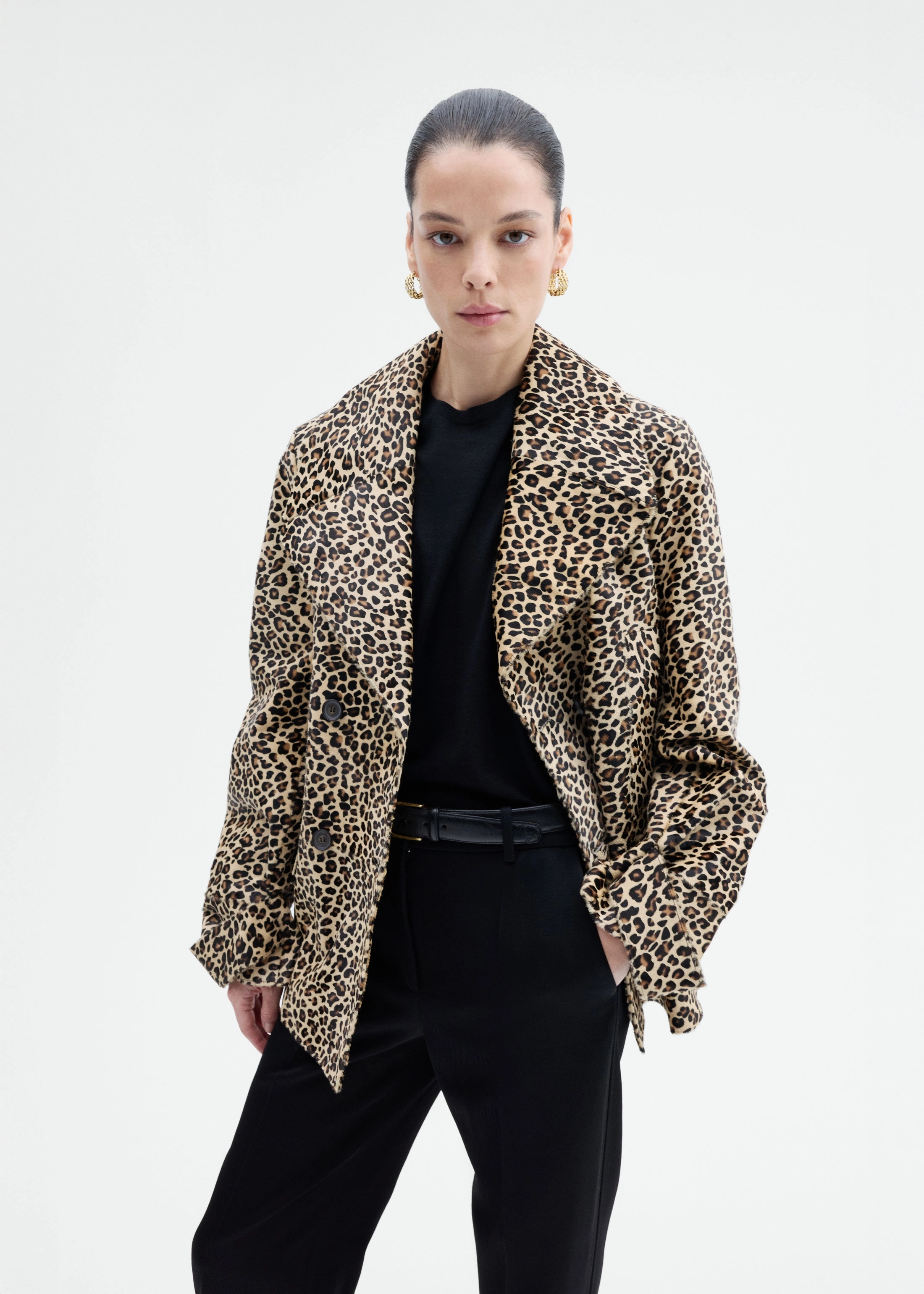Double Faced Leopard Peacoat in Calf Hair - Leopard casual outing
