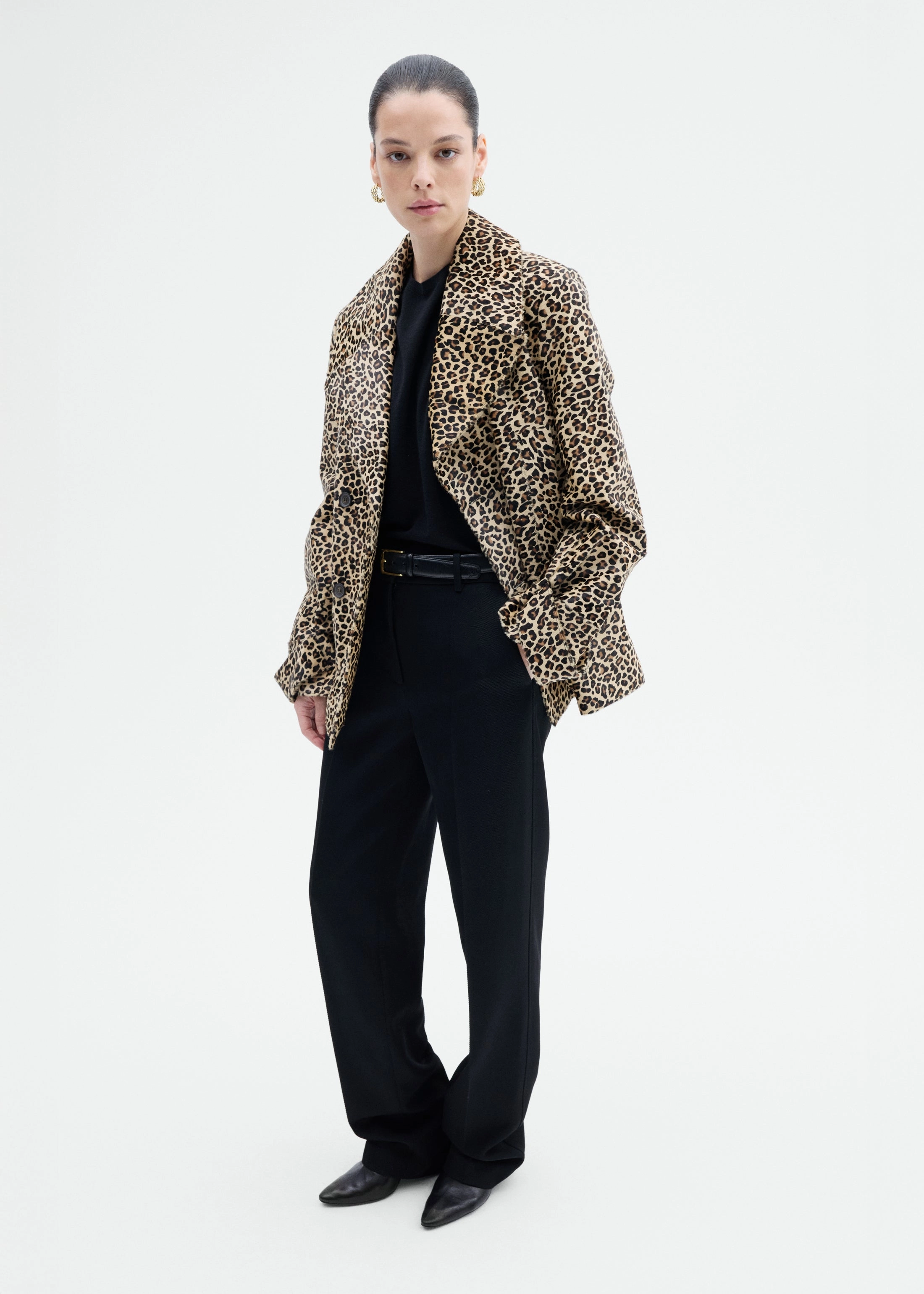 Breathable wear Travel Comfort Double Faced Leopard Peacoat in Calf Hair - Leopard