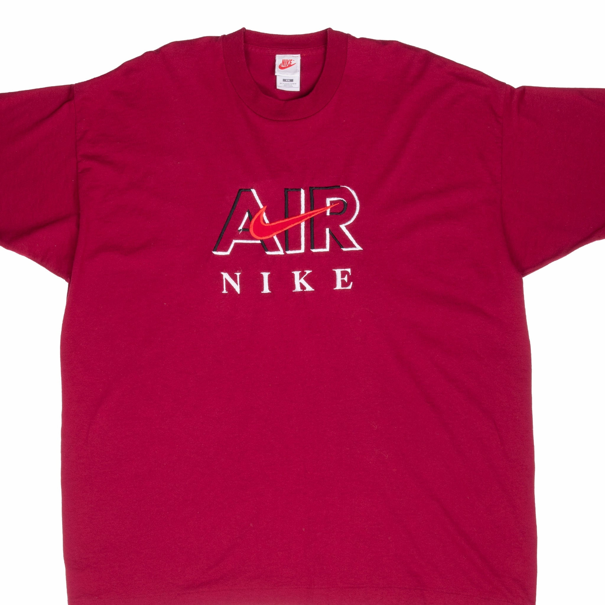 VINTAGE NIKE AIR SPELLOUT BURGUNDY TEE SHIRT LATE 1980S 2XL MADE IN USA Smooth Neckline Minimal Fit