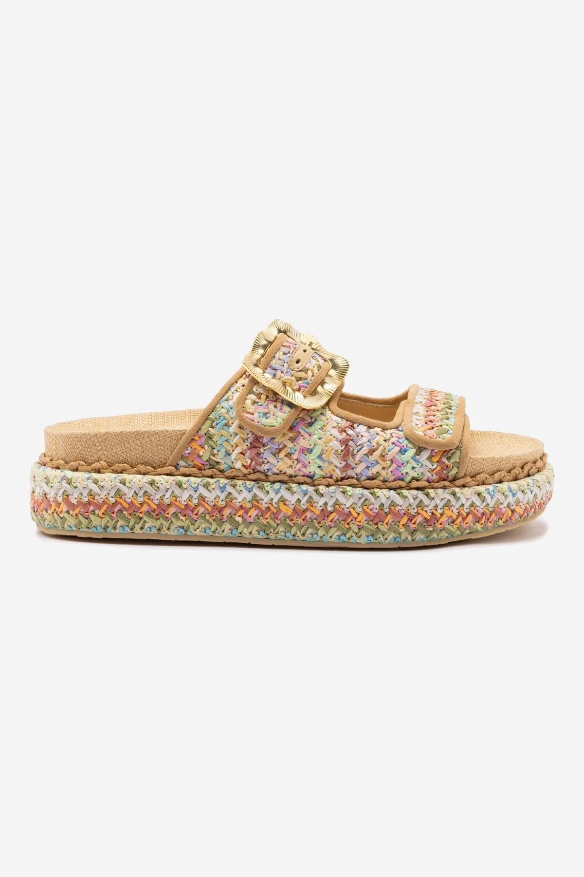Maui Slide In Tapestry Rainbow Raffia and Beige Trimming Dance Floor