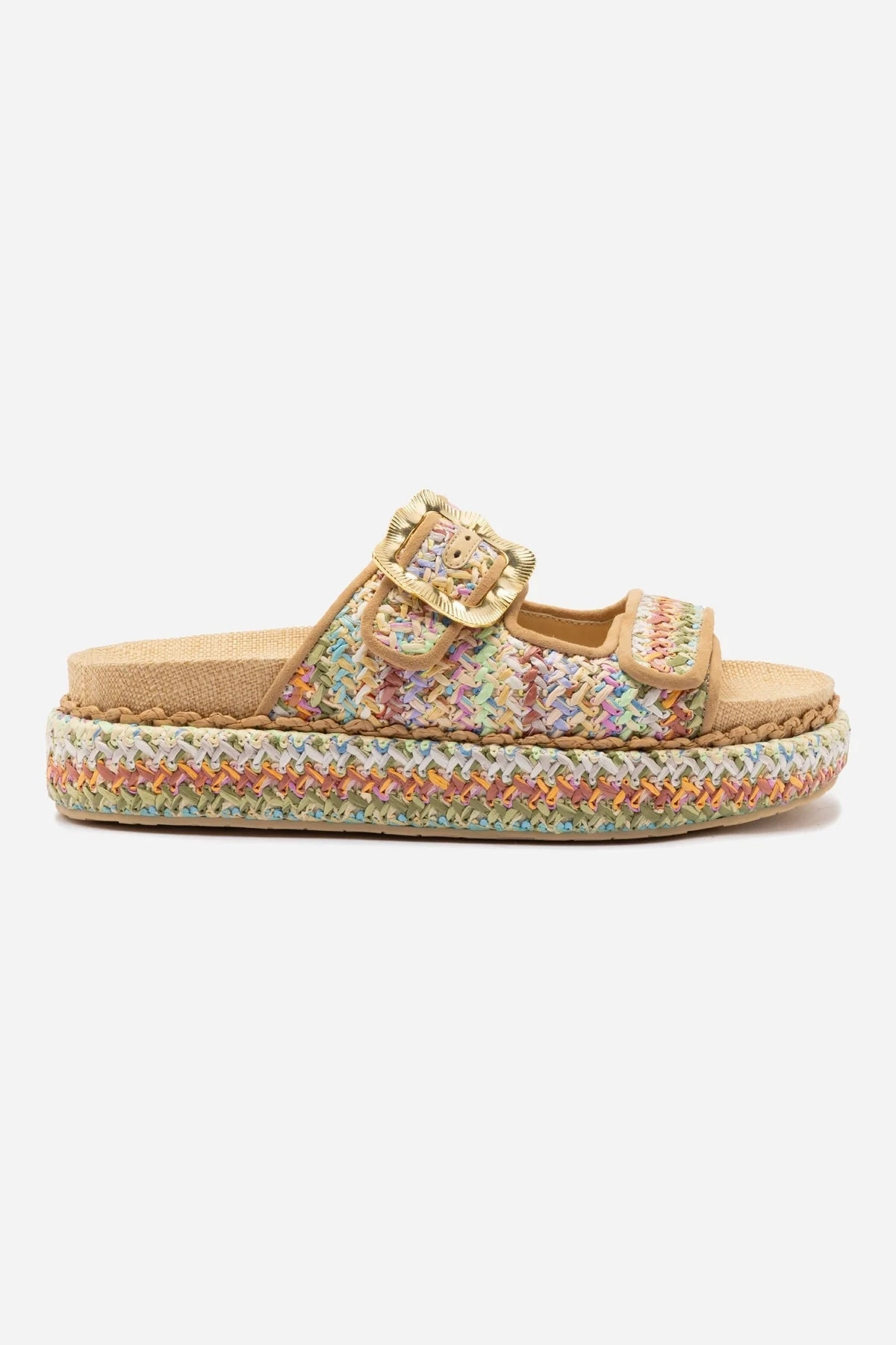 Tread Pattern Easy Wear Shoes Maui Slide In Tapestry Rainbow Raffia and Beige Trimming