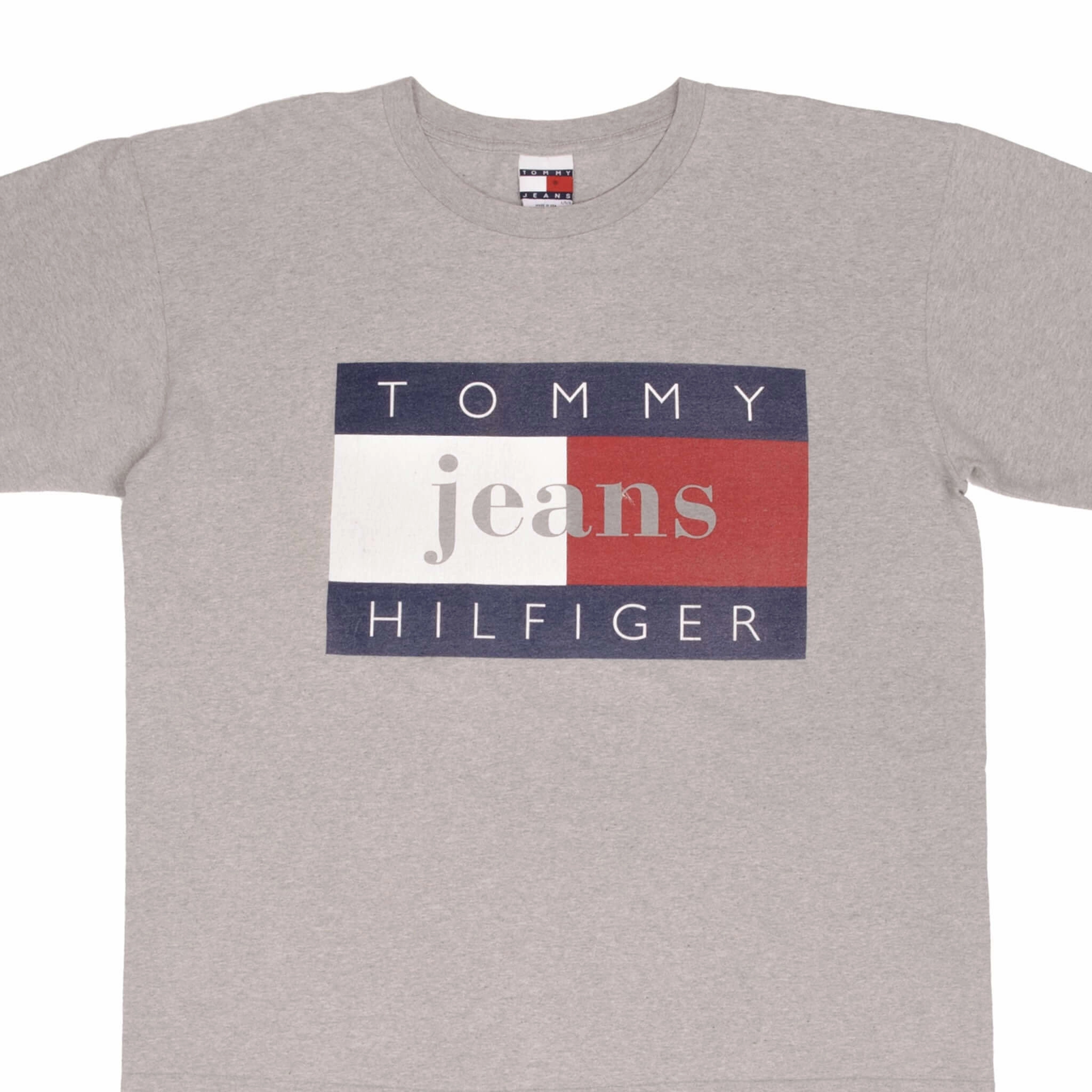 Dimensional Stability Weave VINTAGE TOMMY JEANS HILFIGER SPELLOUT GREY TEE SHIRT 1990S SIZE LARGE MADE USA