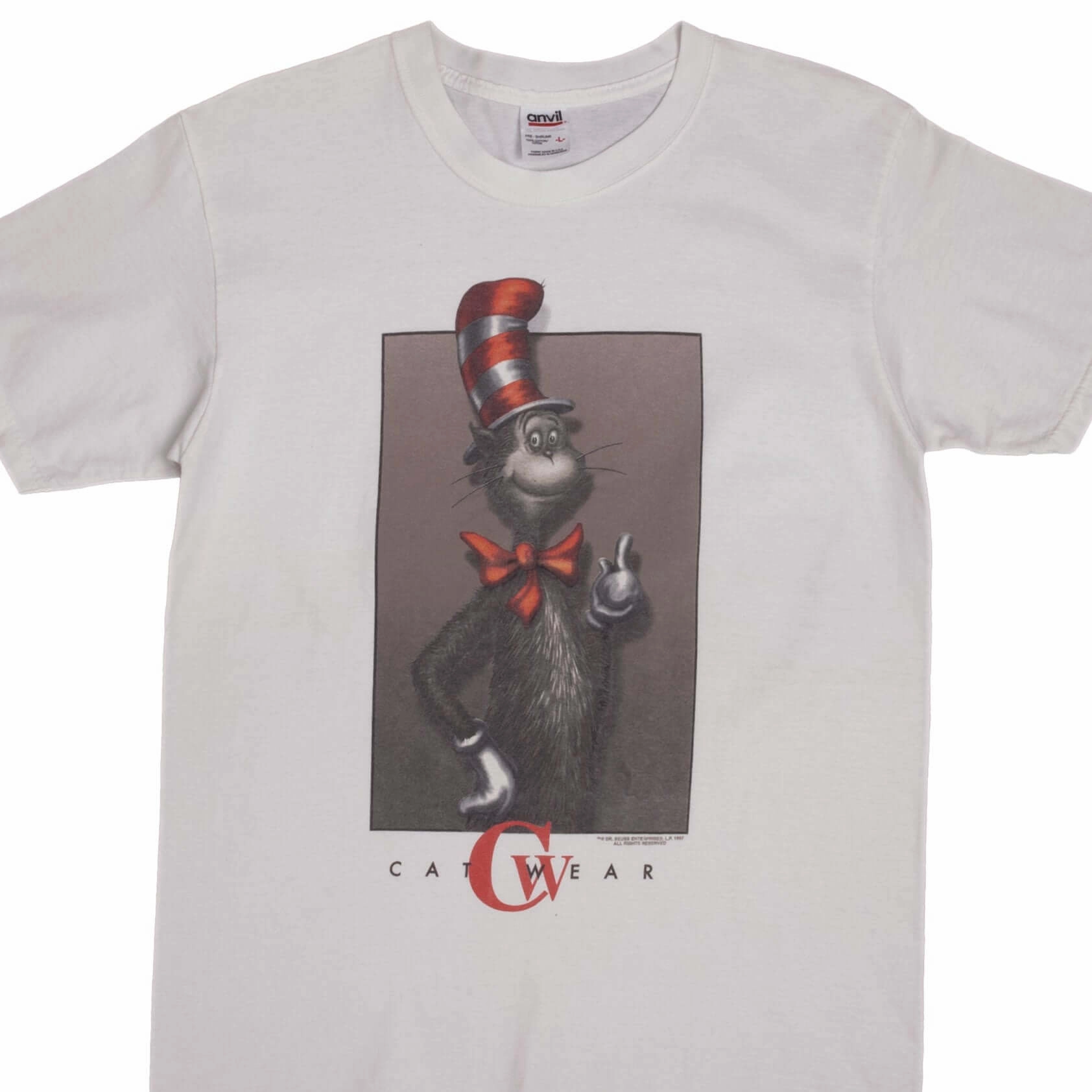 VINTAGE DR SEUSS CAT IN THE HAT CAT WEAR 1997 TEE SHIRT SIZE MEDIUM Layered Sleeve Soft touch finish