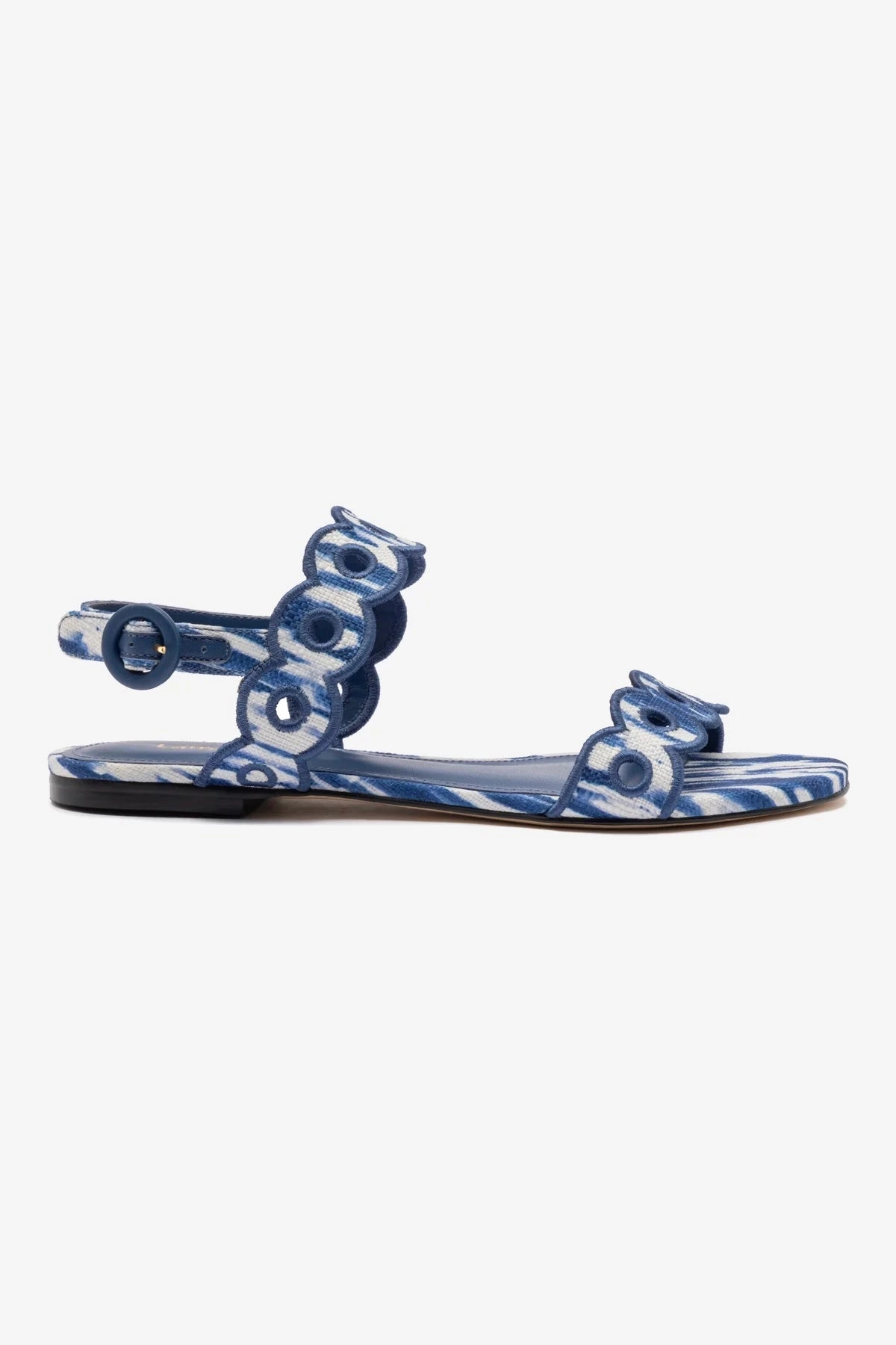 Port Step Florence Broderie Flat Sandal In Tie Dye Blue Raffia