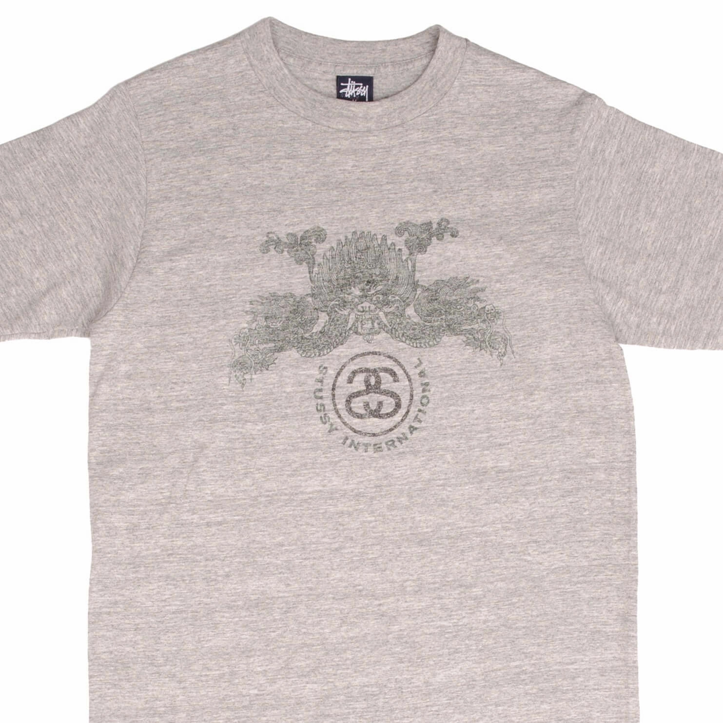 VINTAGE STUSSY DRAGON GREY TEE SHIRT 1990S SIZE MEDIUM MADE IN USA Ribbed collar