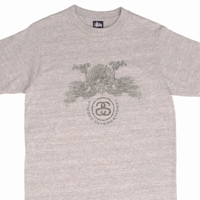VINTAGE STUSSY DRAGON GREY TEE SHIRT 1990S SIZE MEDIUM MADE IN USA Ribbed collar