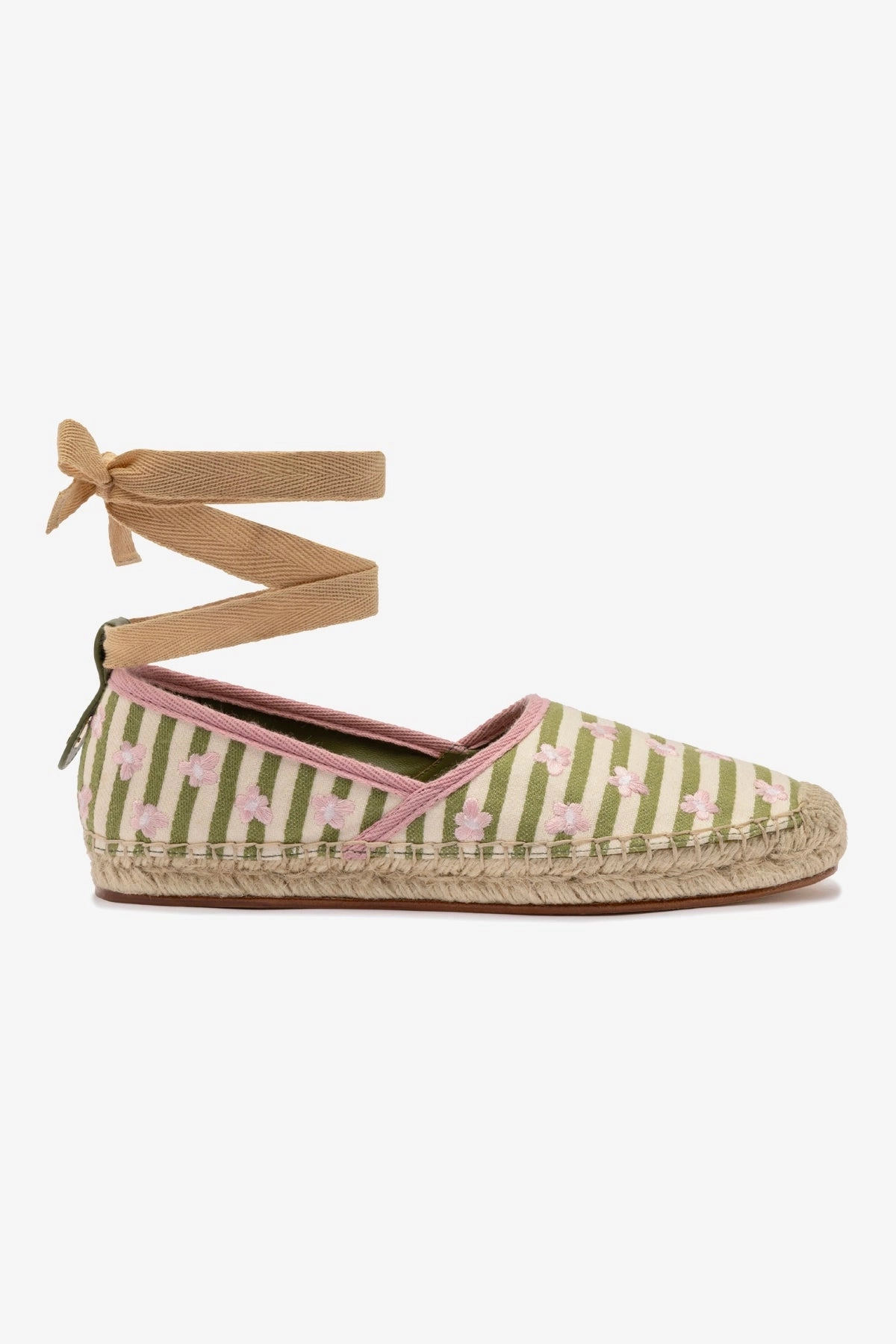 Letizia Espadrille Flat In Seaweed and Natural Striped Fabric and Daisy Embroidery Book Glow Stylish Fit