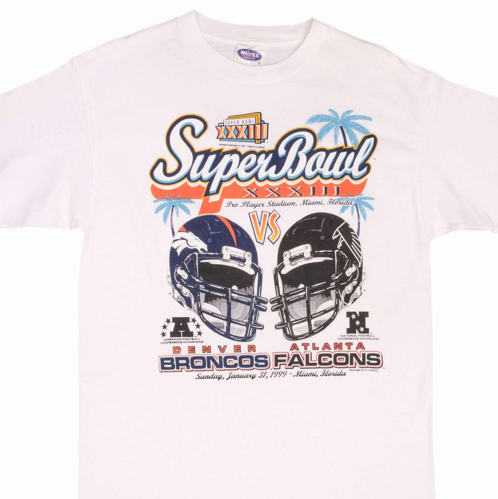 VINTAGE NFL FALCONS VS BRONCOS SUPERBOWL XXXIII 1999 TEE SHIRT SIZE LARGE Comfy Stretch Fit