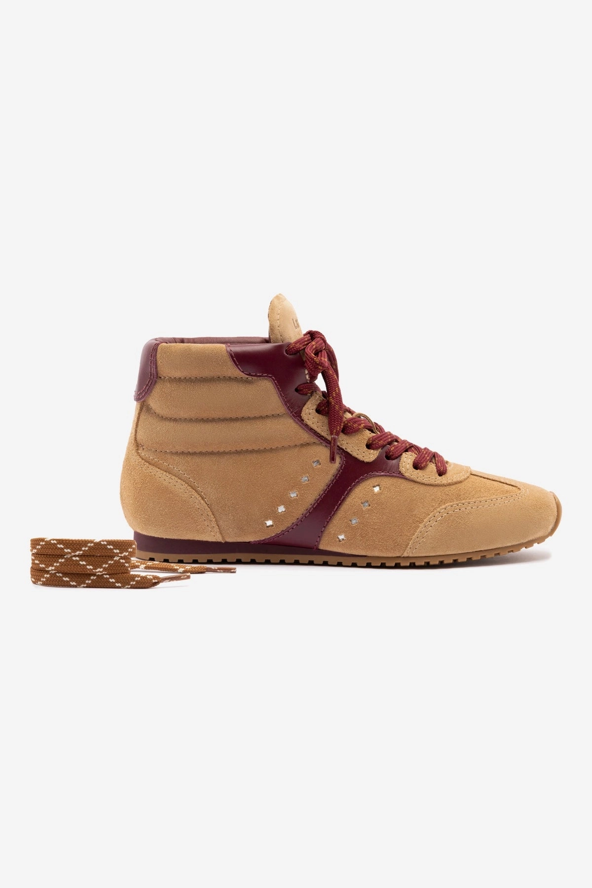 Stella Mid Sneaker In Peanut Suede and Burgundy Leather Smart Comfort Design