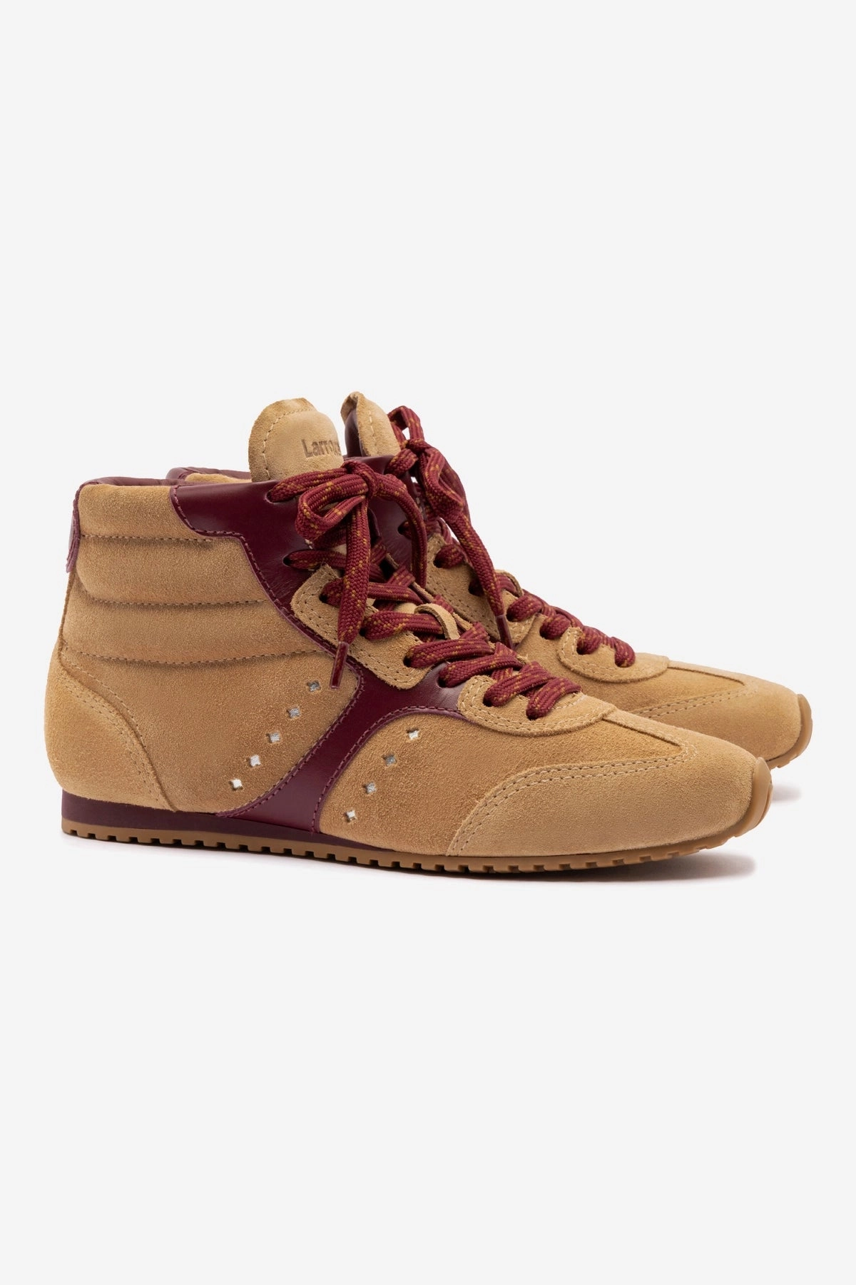 Stella Mid Sneaker In Peanut Suede and Burgundy Leather Sea Breeze