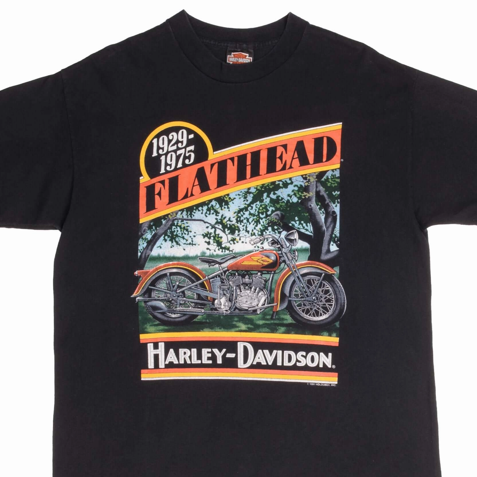 VINTAGE HARLEY DAVIDSON FLATHEAD TEE SHIRT 1991 SIZE XL MADE IN USA Smooth Flatlock Stitching Light Flex